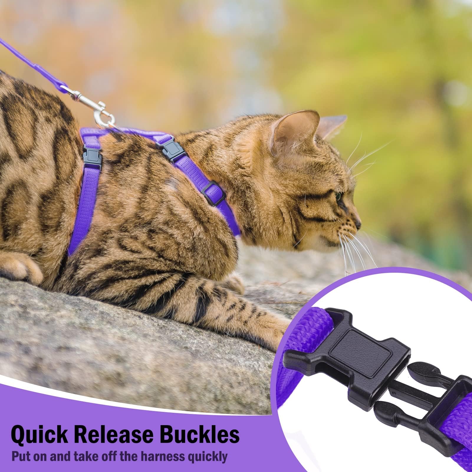 Pupteck Adjustable Cat Harness And Leash Set Escape Proof Kitten Strap Collar For Walking Travel, Purple, M