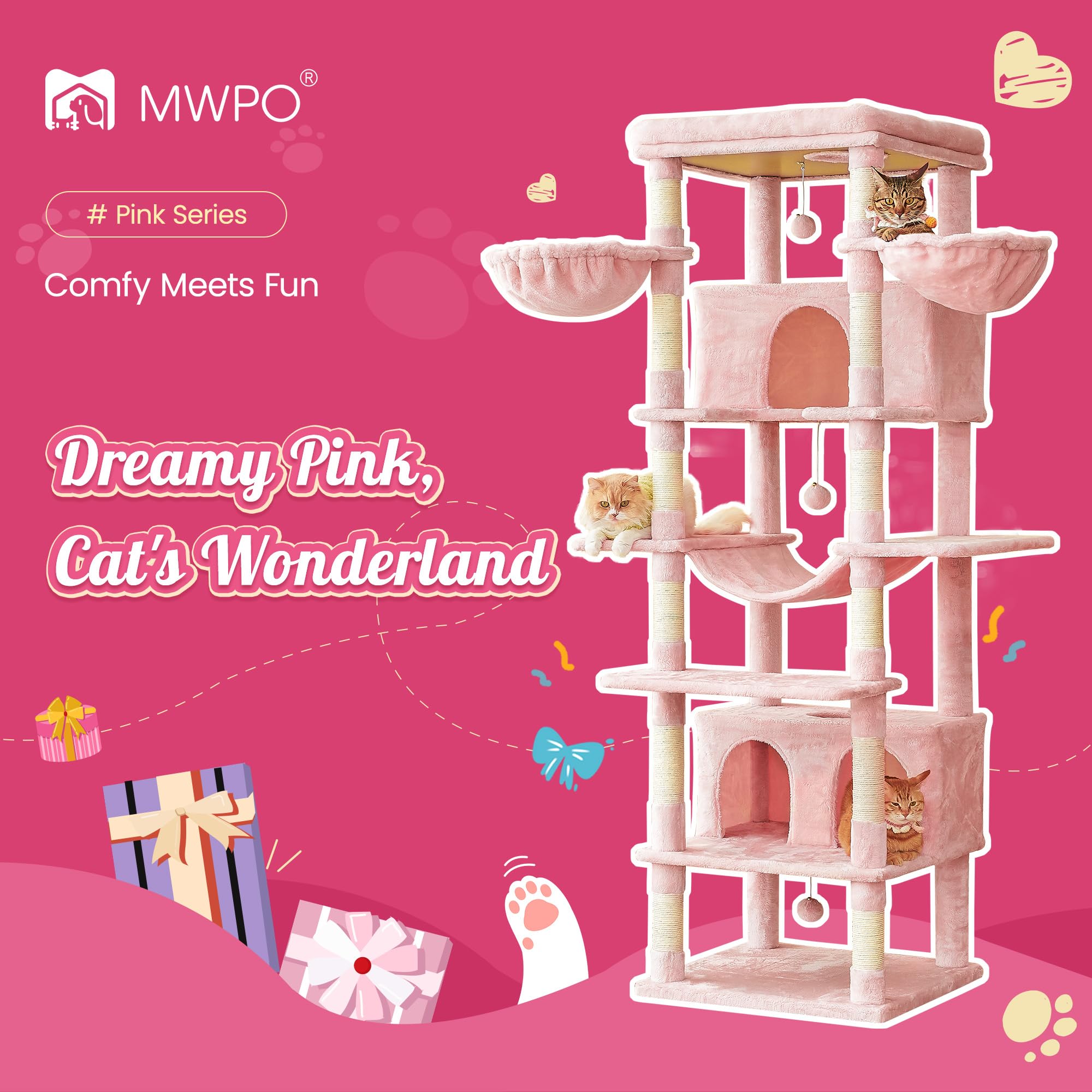 Mwpo Pink Extra Large Cat Tree, 77.6-Inch Tall Cat Tower For Indoor Cats With 2 Condos, Multi-Level Cat Stand For Large Cats, 3