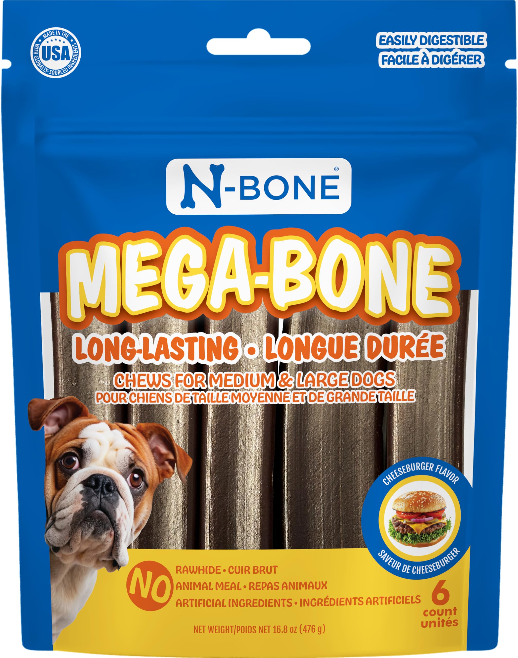 N-Bone Mega-Bone Long-Lasting Dog Chews, Cheeseburger Flavor, 6count, 16.8oz