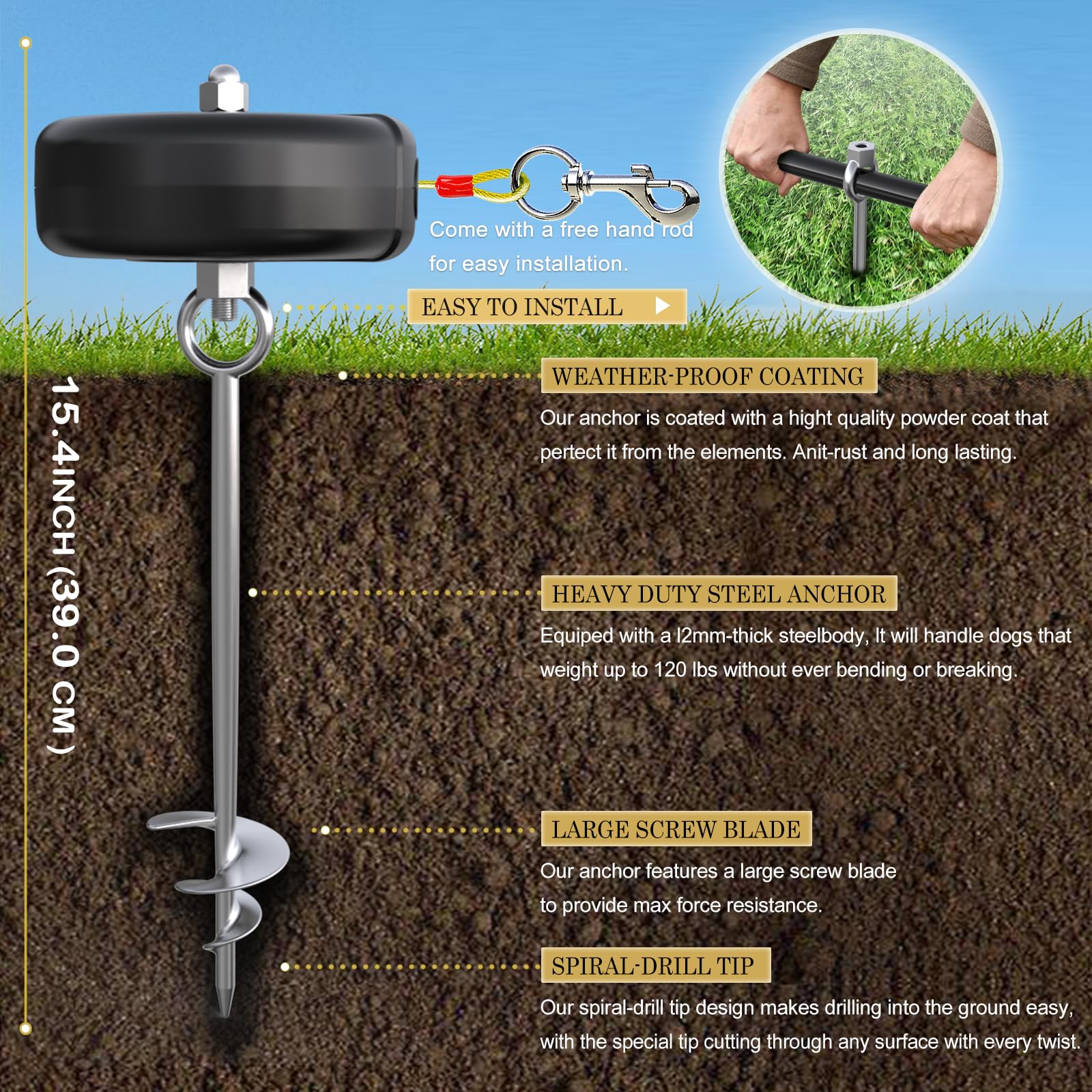 Pestairs 30Ft Retractable Dog Tie Out Cable And Stake - No Tangle Retractable Dog Leash For Dogs Between 10-90Lbs - 360 Rotate R