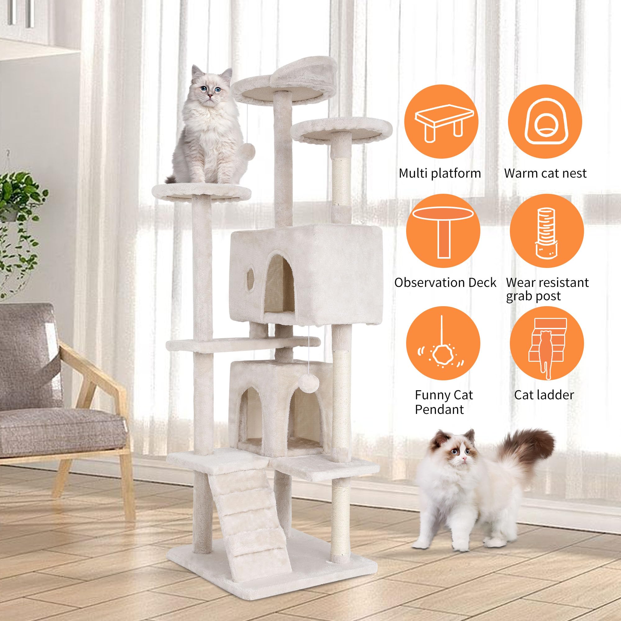 Bestpet 70In Multi-Level Cat Tree Tower Furniture Activity Center With Scratching Posts, Toys And Condo For Indoor Kittens, Beig