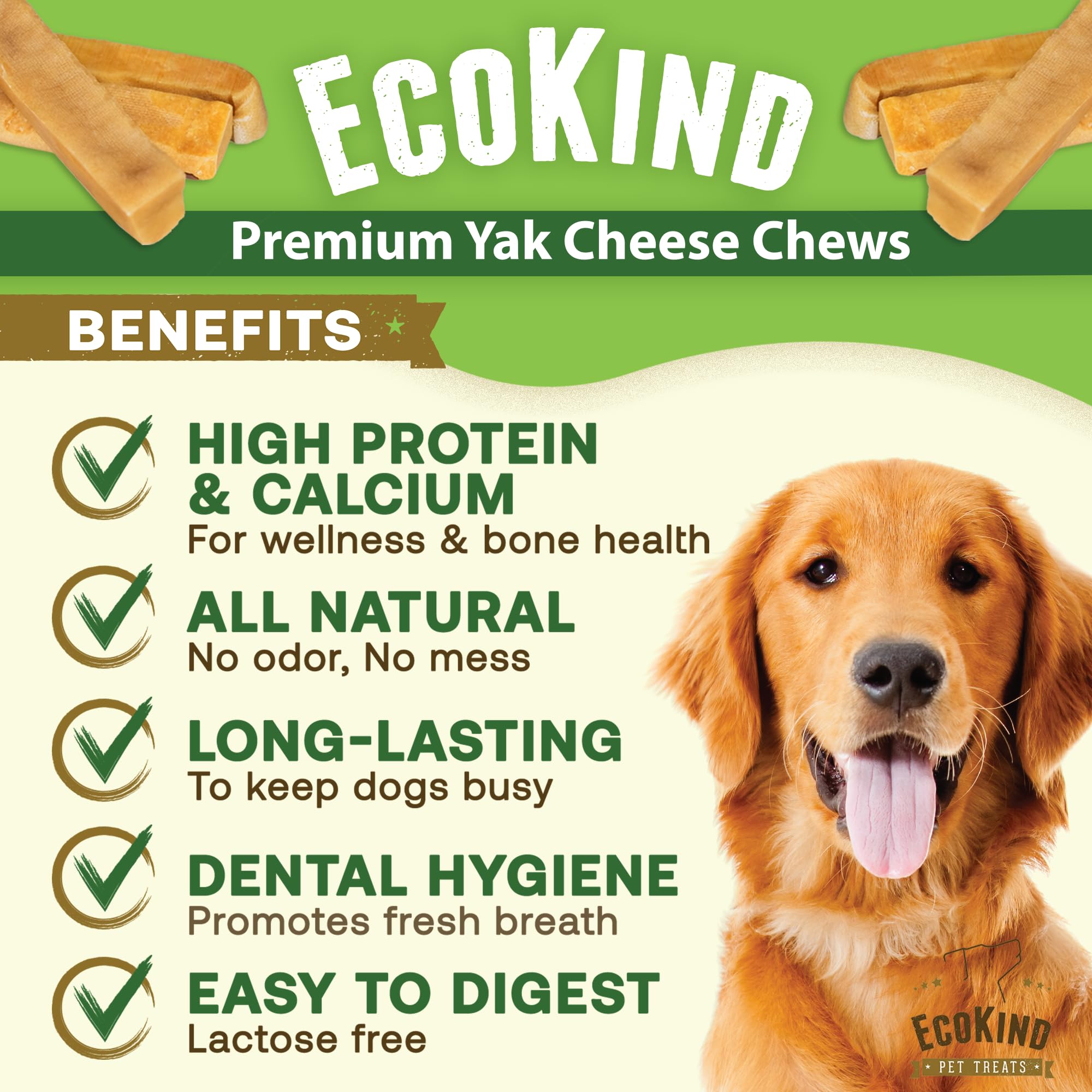 EcoKind Premium Gold Yak Cheese Himalayan Dog Chews, Dog Treats Large Breed, All Natural, High Protein, for Aggressive Chewers,