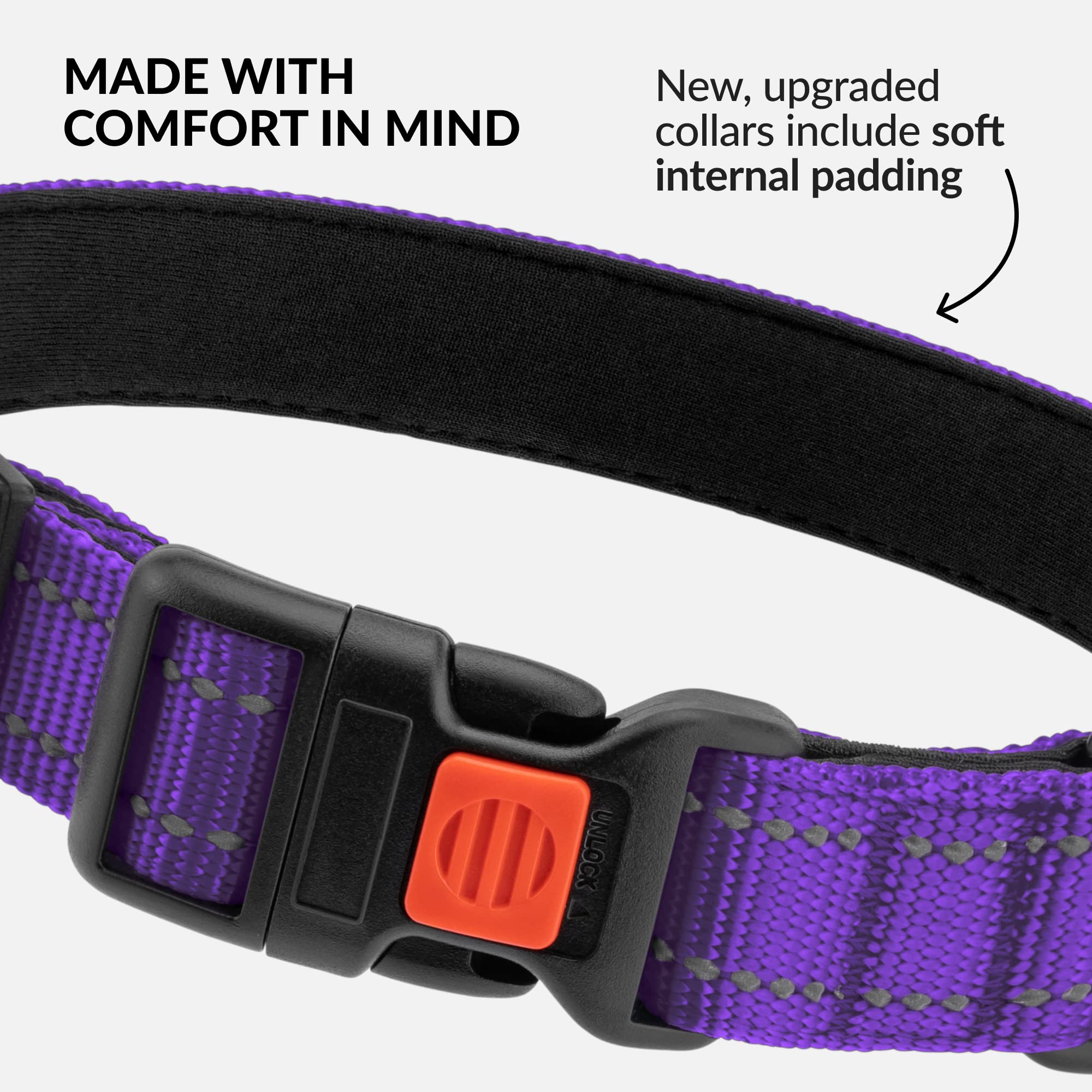 Collardirect Reflective Padded Dog Collar For A Small, Medium, Large Dog Or Puppy With A Quick Release Buckle - Boy And Girl - Nylon Suitable For Swimming (12-16 Inch, Purple)