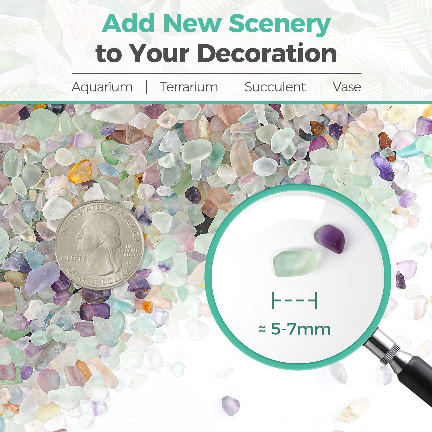 T4U Crystal Chips Stone Crushed Quartz Glass 2LB - Fluorite Tumbled Gravel Small Decorative Pebbles Bulk, Mini Polished Rocks Pi