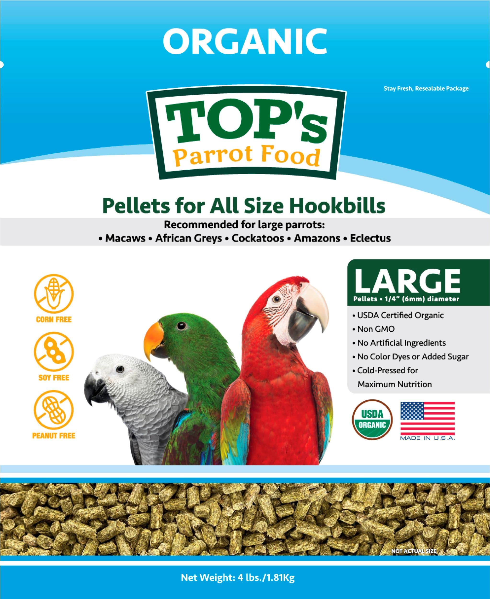 TOPs Parrot Food Pellets Hookbills, Small, Medium and Large Parrots - Non-GMO, Peanut Soy & Corn Free, USDA Organic Certified -