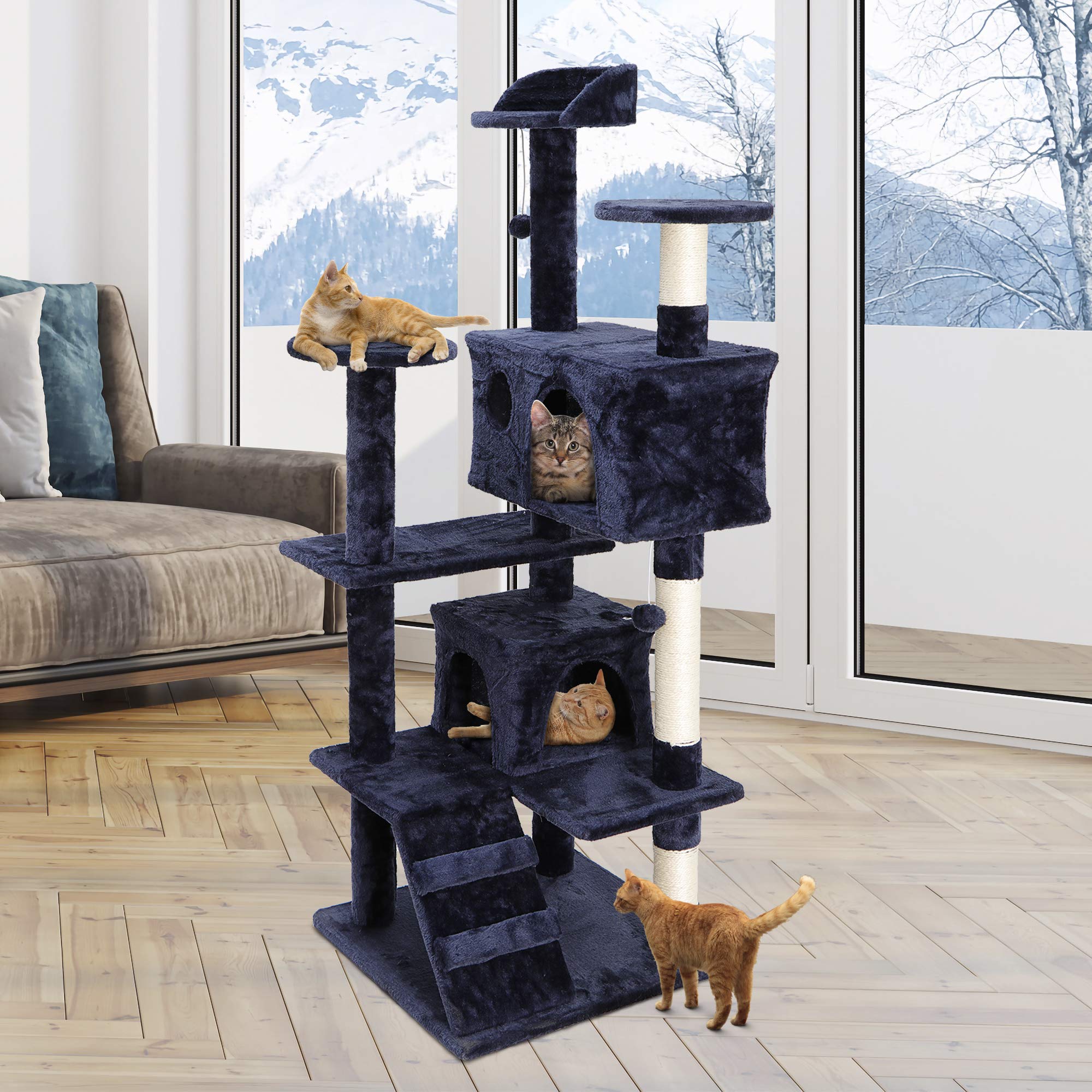 Zeny 53 Inches Cat Tree With Sisal-Covered Scratching Posts And 2 Plush Rooms Cat Furniture For Kittens (Navy Blue)