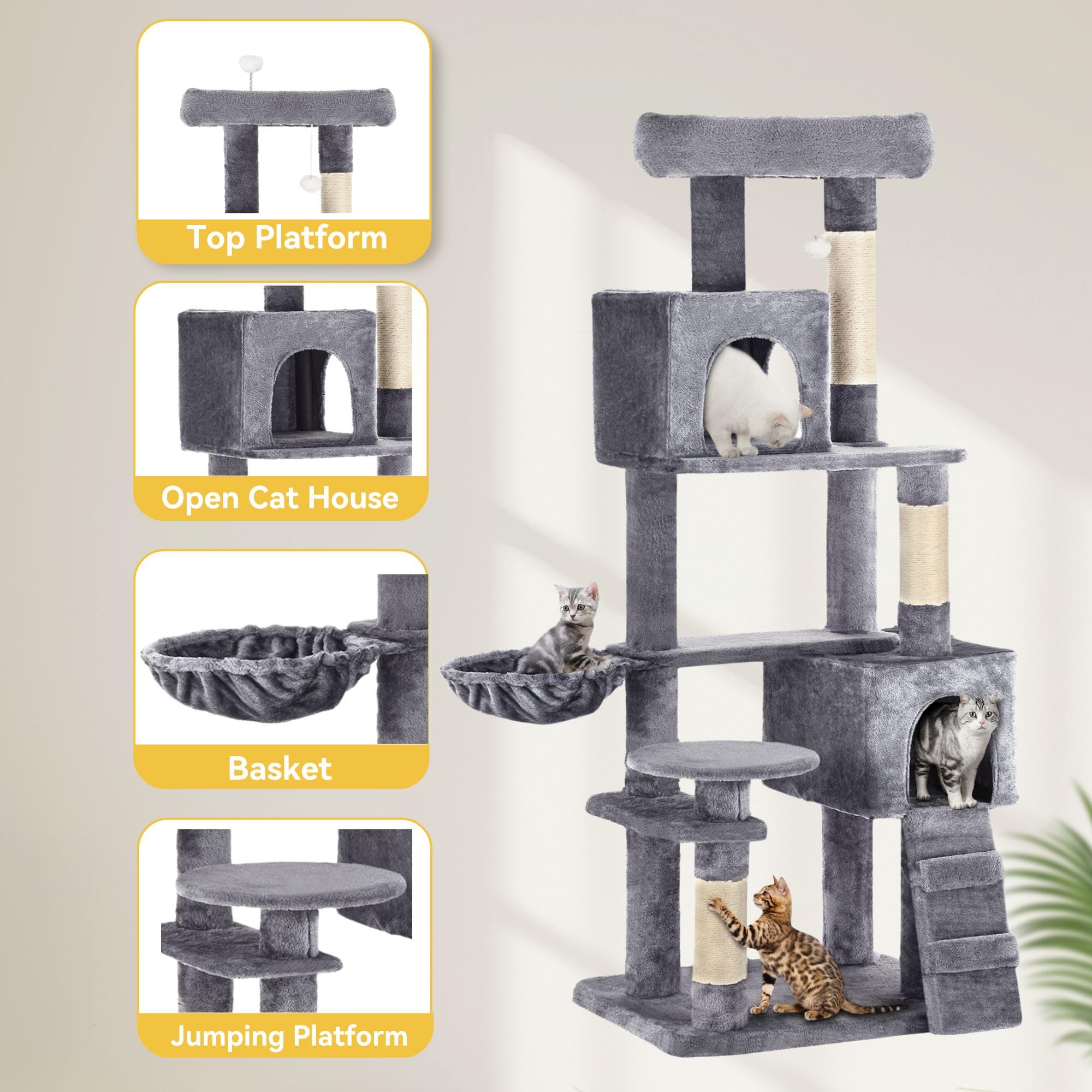 Dwvo 64.5'' Tall Cat Tree, Multi-Tier Cat Condo With Hammock, Scratching Posts & Play Balls For 2-3 Cats (Dark Gray)
