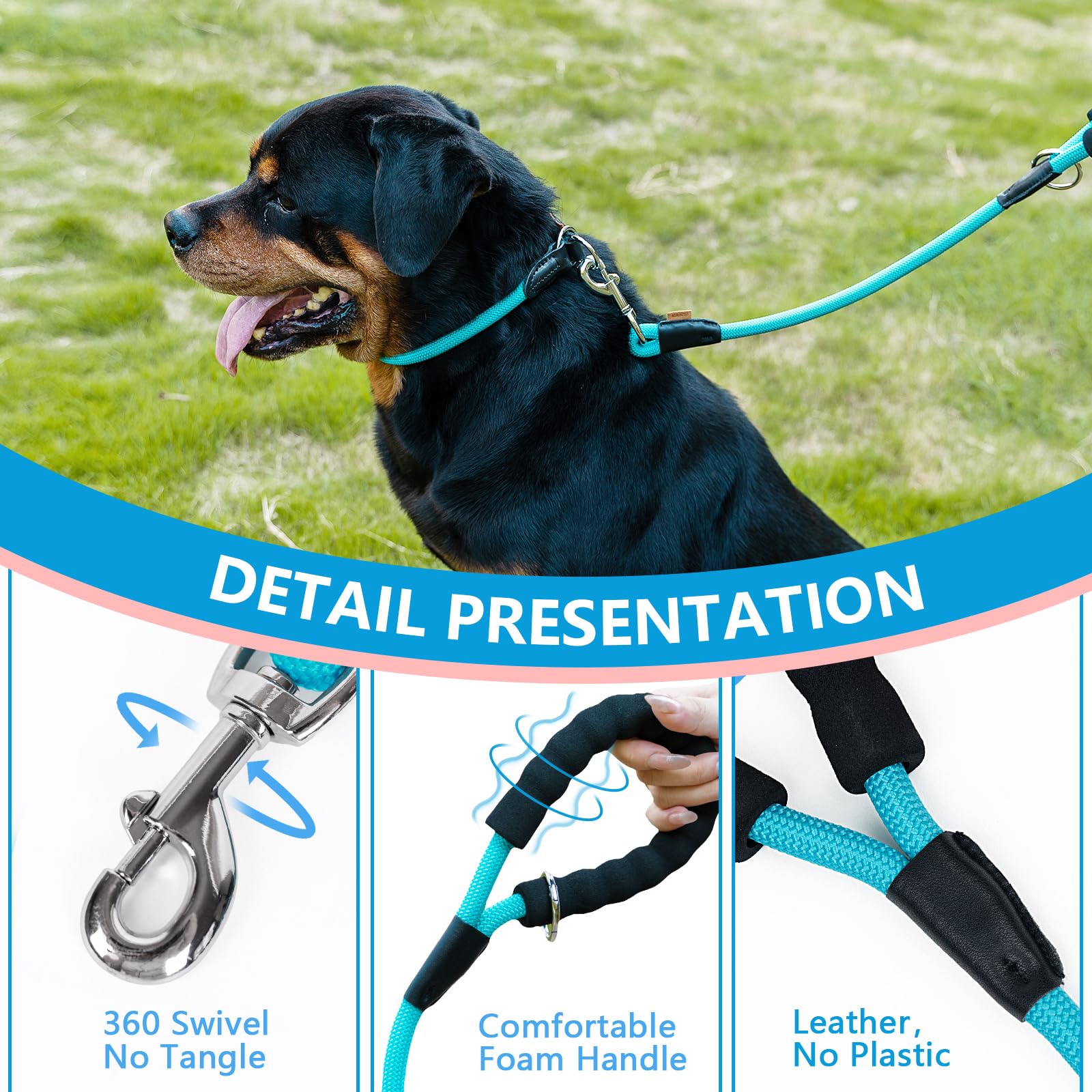 Aiminto Dog Leash, Braided Rope Traction - Walking Training Lead for Small Dogs ((1/3 '') x 6FT, Light Blue)