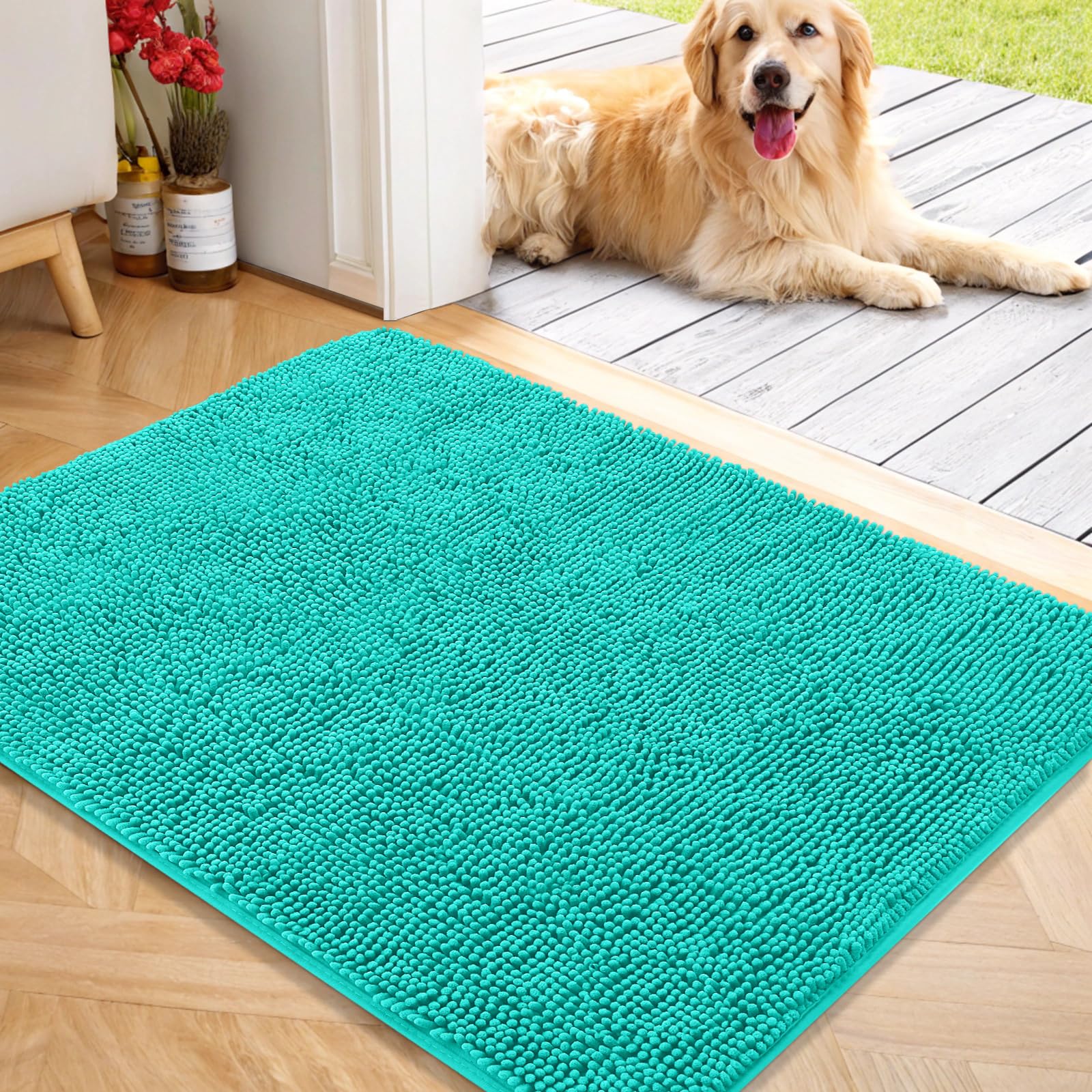 OLANLY Dog Door Mat for Muddy Paws 40x32, Absorbs Moisture and Dirt, Absorbent Non-Slip Washable Doormat, Quick Dry Chenille Mud