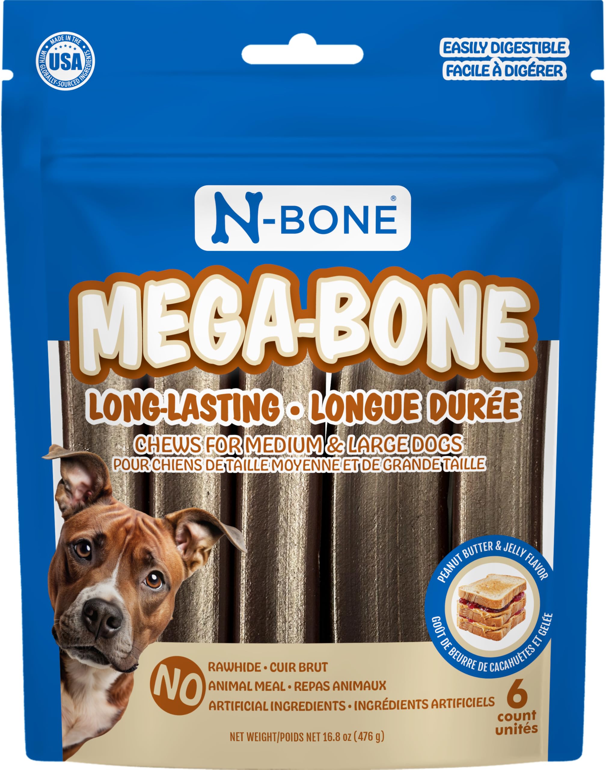 N-Bone Mega-Bone Long-Lasting Dog Chew Peanut Butter & Jelly Flavor, 6 Count, 16.8oz