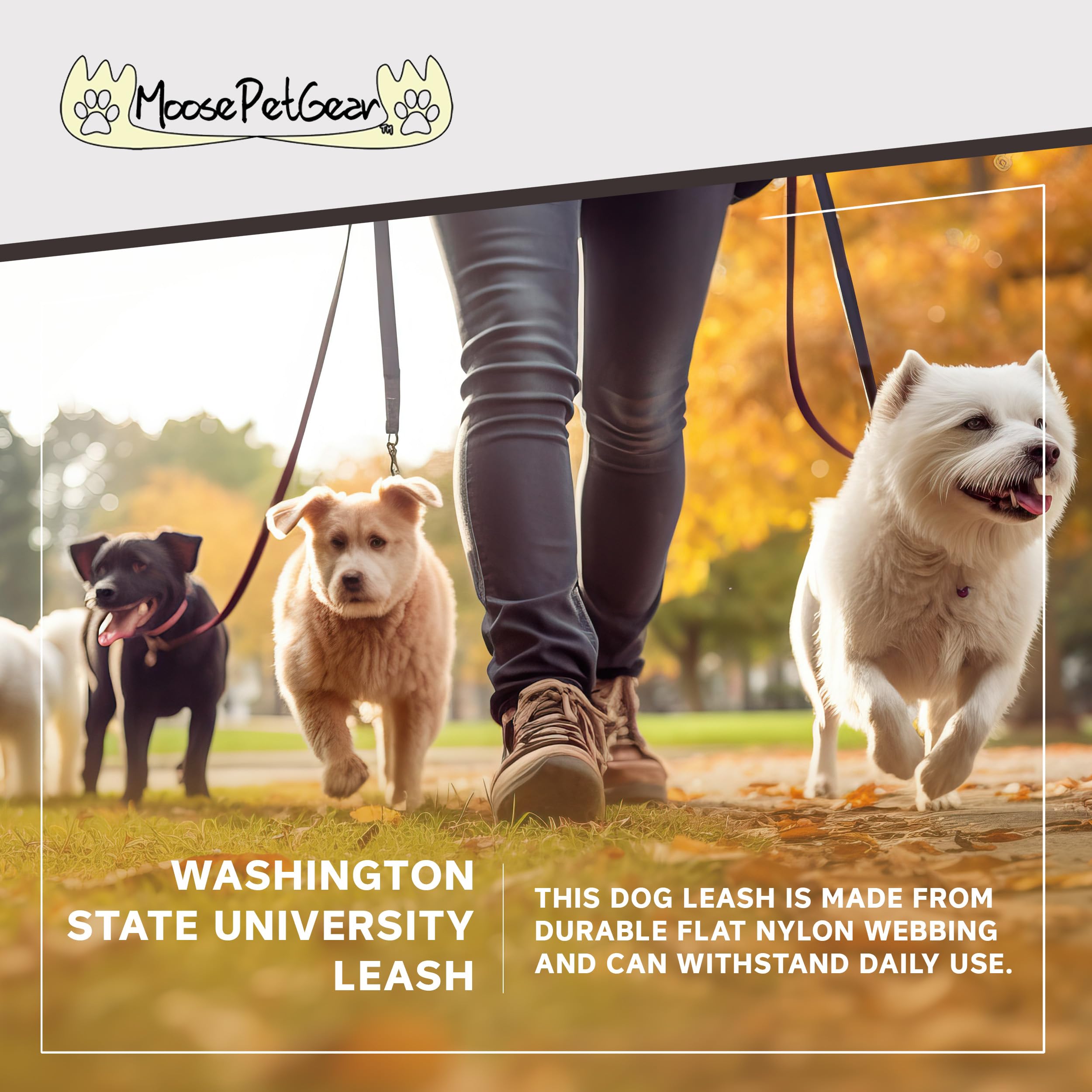 Moose Pet Wear Dog Leash - Washington State University Cougars Pet Leash, 3/4 Inch Wide X 6 Feet Long, Cougars On Carbon Fiber