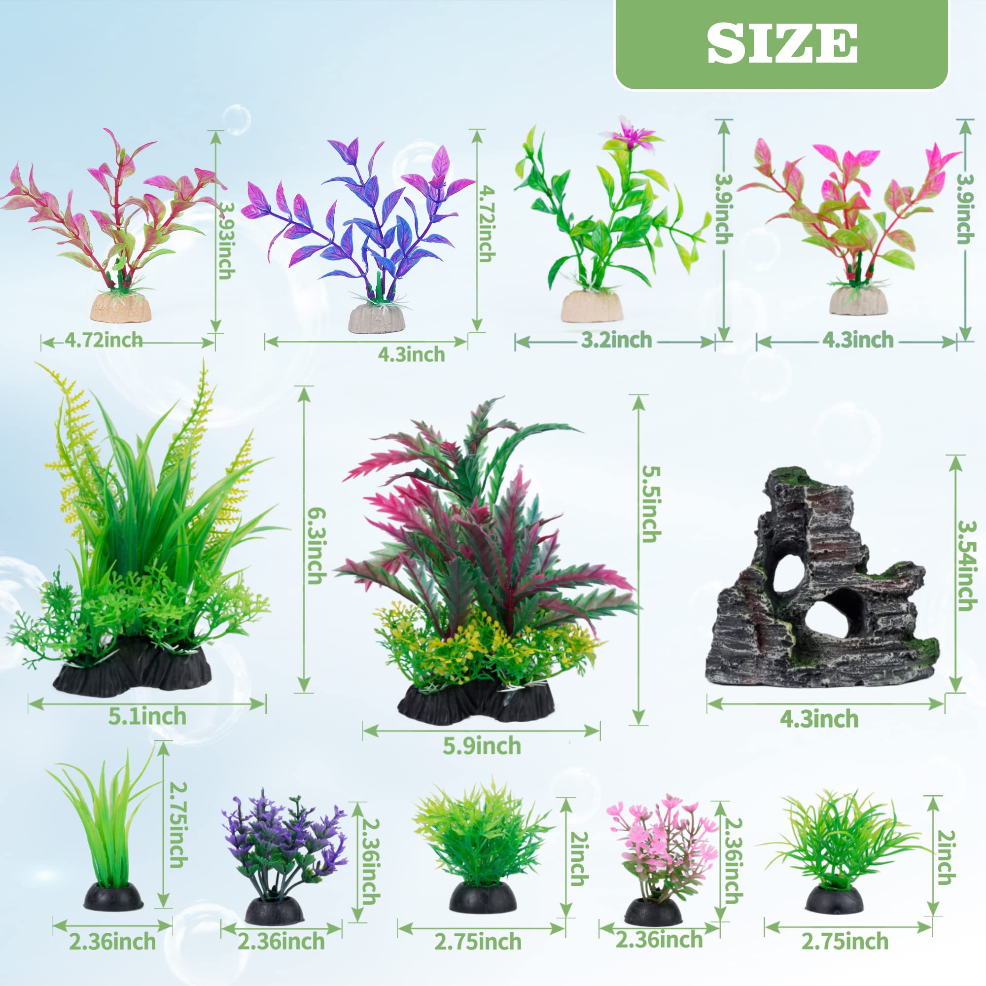 Ameliade Fish Tank Decorations Aquarium Artificial Plastic Plants Decor Set, Goldfish Turtle Betta Fish Tank Grass Accessories Small Fish Bowl Decorations Kit