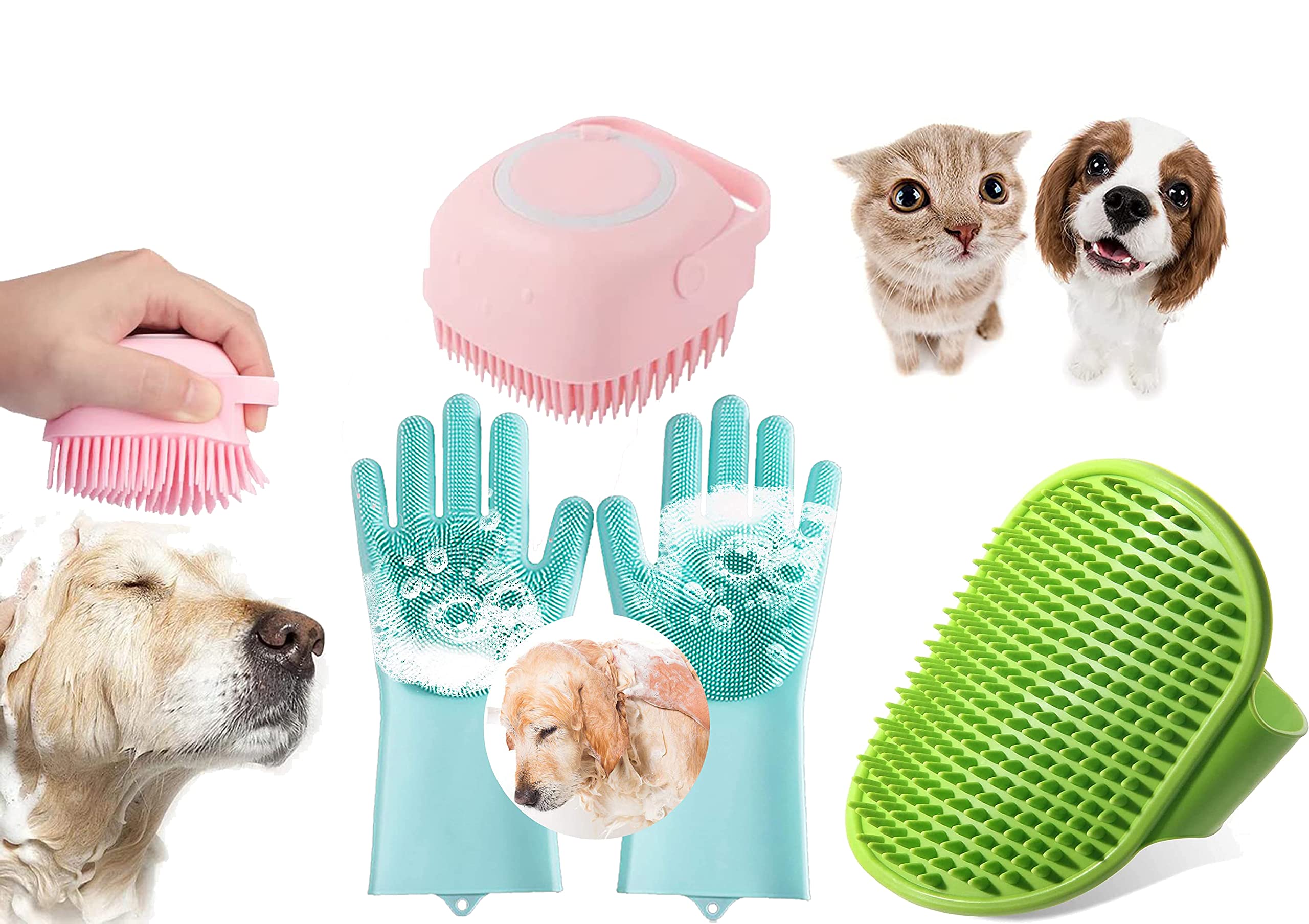 Sendria Combo Of 3 Pcs Silicone Dog Bathing Hand Gloves (Pair) & Pet Dog Bath Brush Soft Silicone Shampoo Massage Brush,Hair Fur