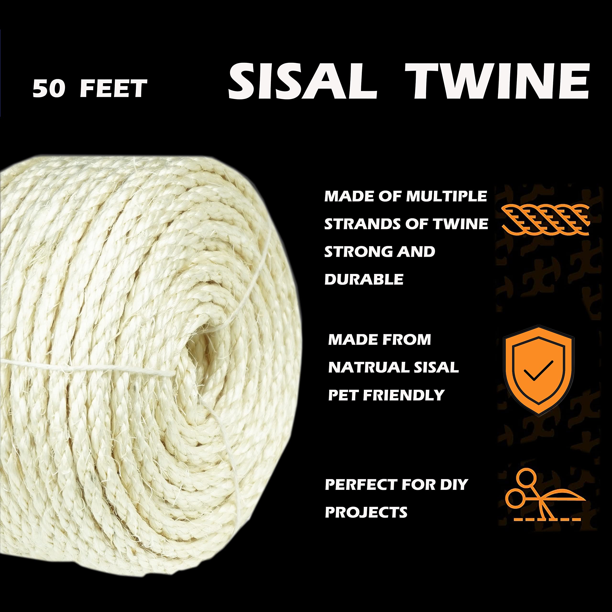 Treasborn Natural Sisal White Rope For Cat Scratcher Scratching Post Replacement 1/4 Inch Cat Tree Rope For Repairing, Recovering Or Diy Cat Scratcher 50/100/164 Feet
