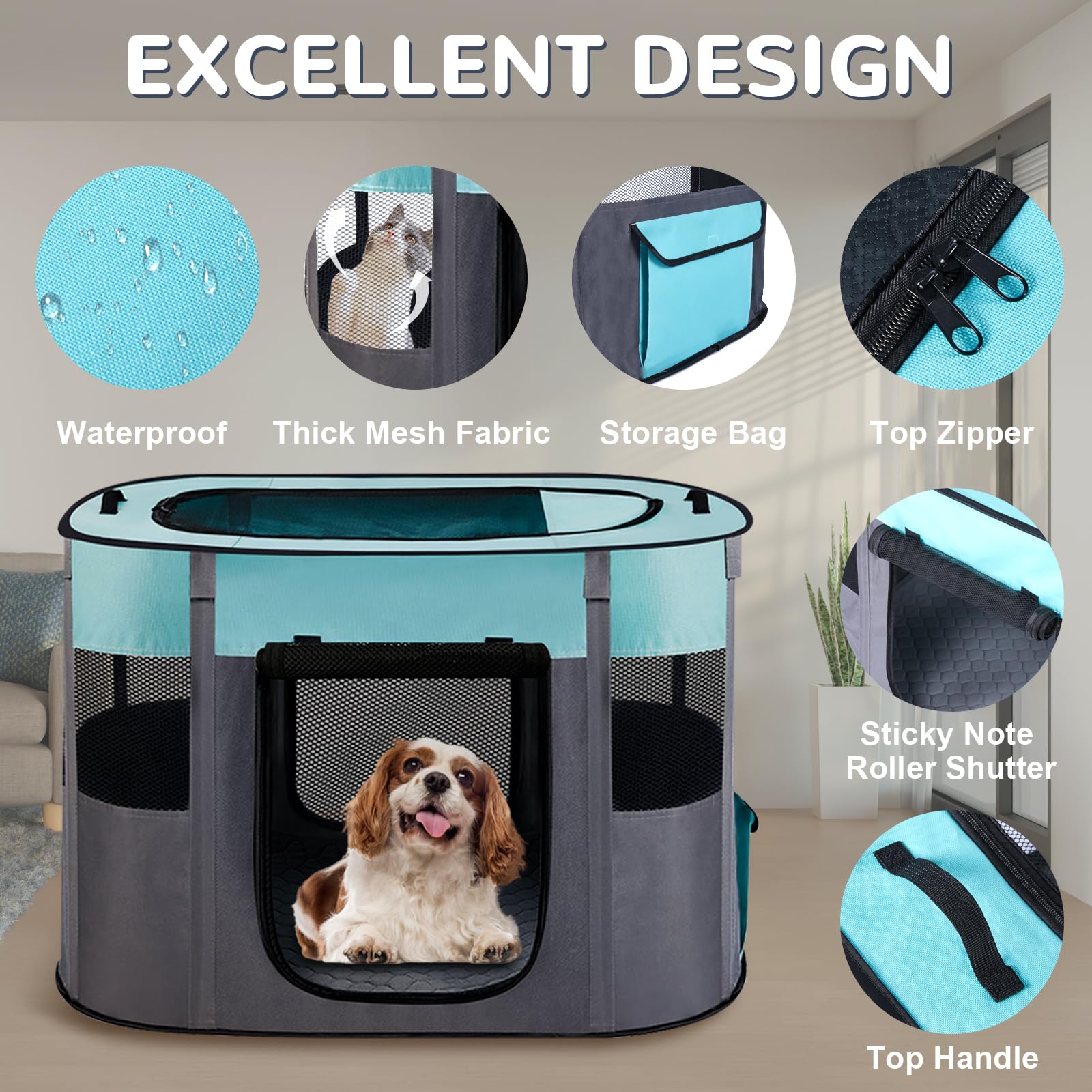 Portable Dog Cat Playpen with Waterproof Pad,Collapsible Pet Puppy Kitten Crate,Foldable Small Animals Kennel Cage for Indoor Ou