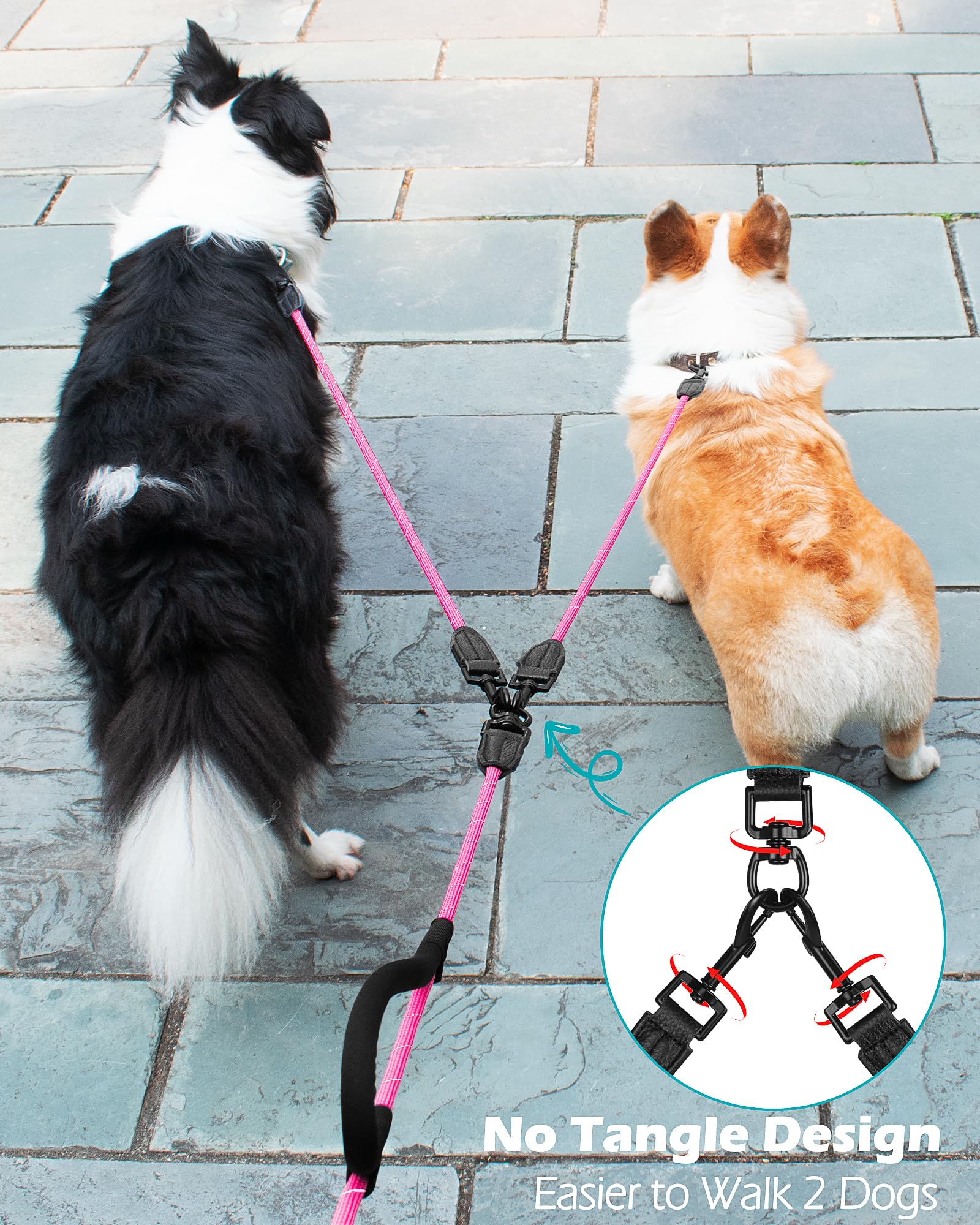 Petbonus Rope Double Dog Leash, No Tangle Dual Dog Leash, Reflective Walking Training Lead With Two Comfortable Padded Handles,