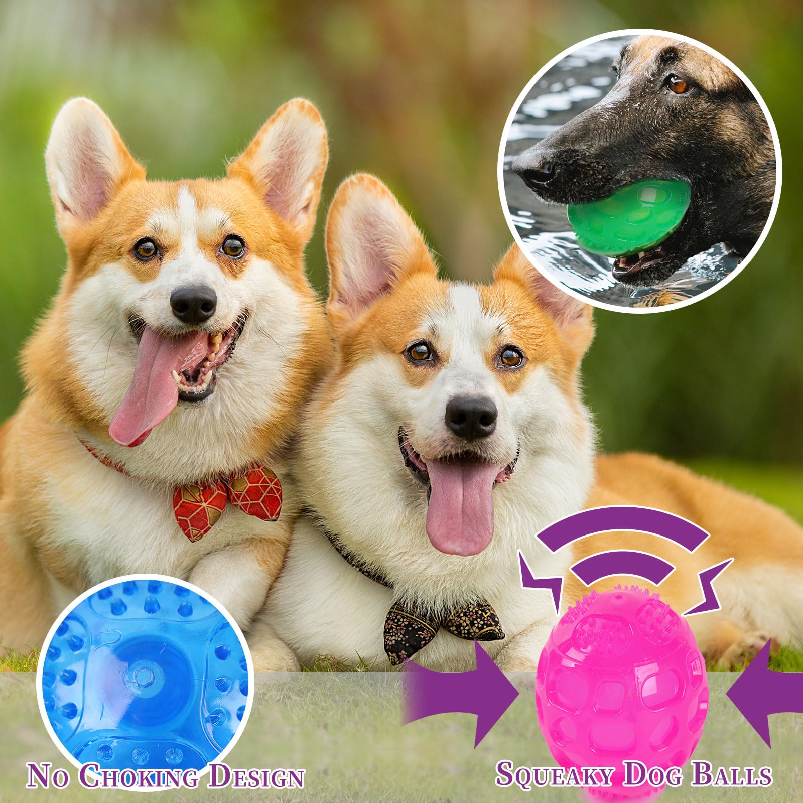 PJDH Squeaky Dog Toy Balls, Indestructible Rubber for Large Medium Breeds, 3'' Green, 2 PCS, Durable for Aggressive Chewers