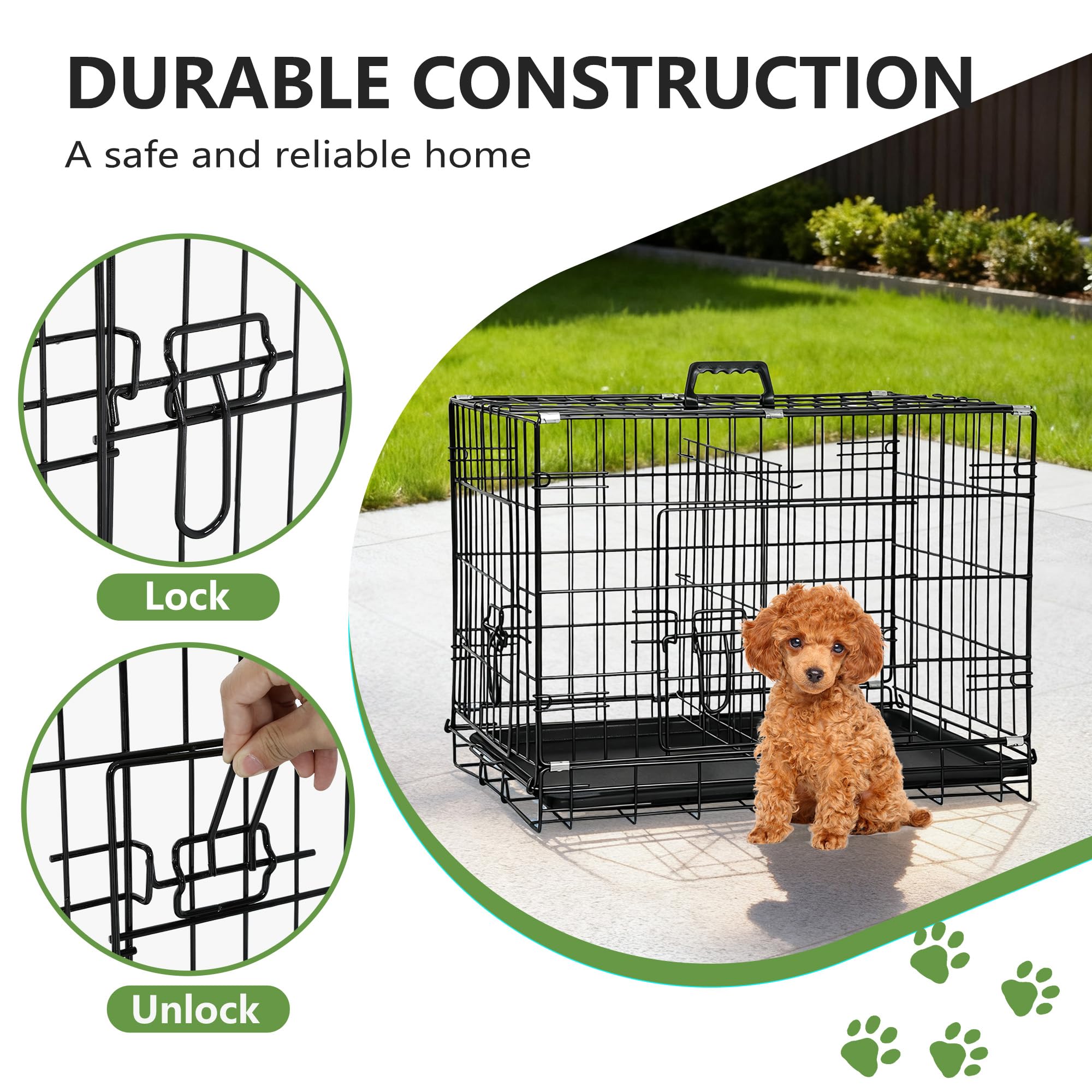 FDW 24-Inch Dog Crate Pet Cage with Metal Folding Design Plastic Tray Indoor Outdoor Dog Kennel Cage for Small Dogs,Dark Black