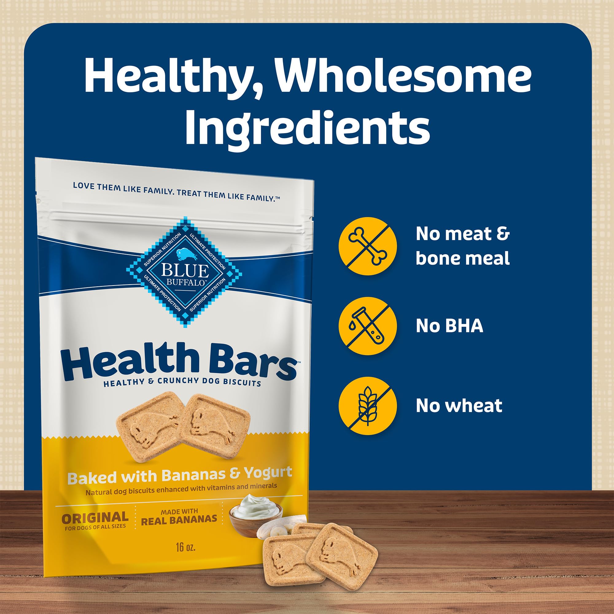 Blue Buffalo Health Bars Natural Crunchy Dog Treats Biscuits, Banana & Yogurt 16-oz Bag