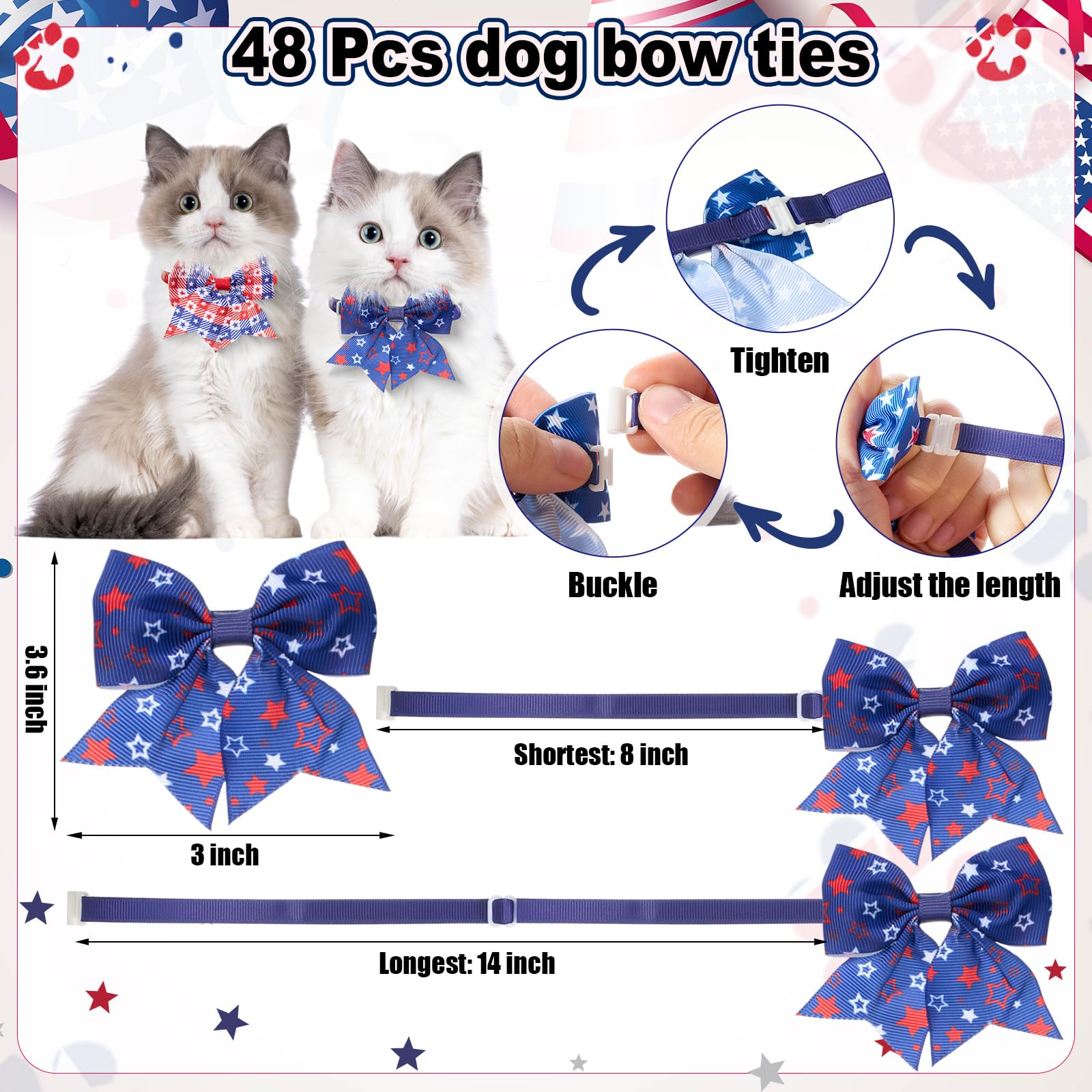 Sanwuta 108 Pcs Patriotic Dog Bandanas Bulk for Independence Day Soft Breathable Dog Stars Bow Ties Adjustable Pet Collar Bowtie