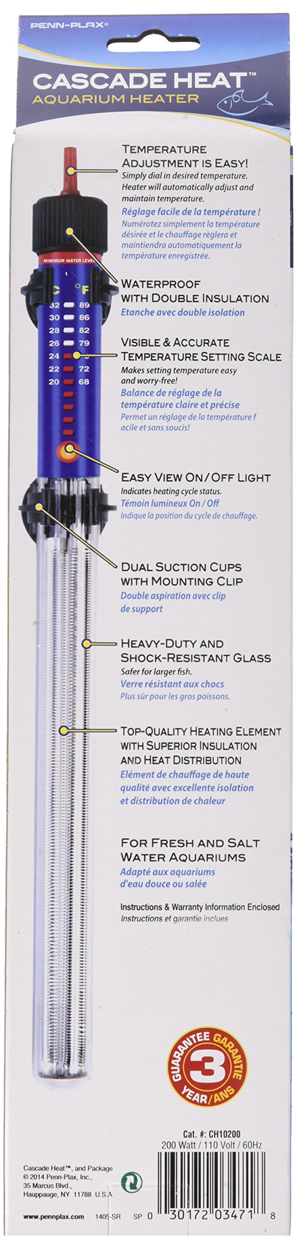 Penn-Plax Cascade Heat Aquarium Heater – Fully Submersible – Great For Freshwater And Saltwater Fish Tanks – 11” Length – 200 Watt