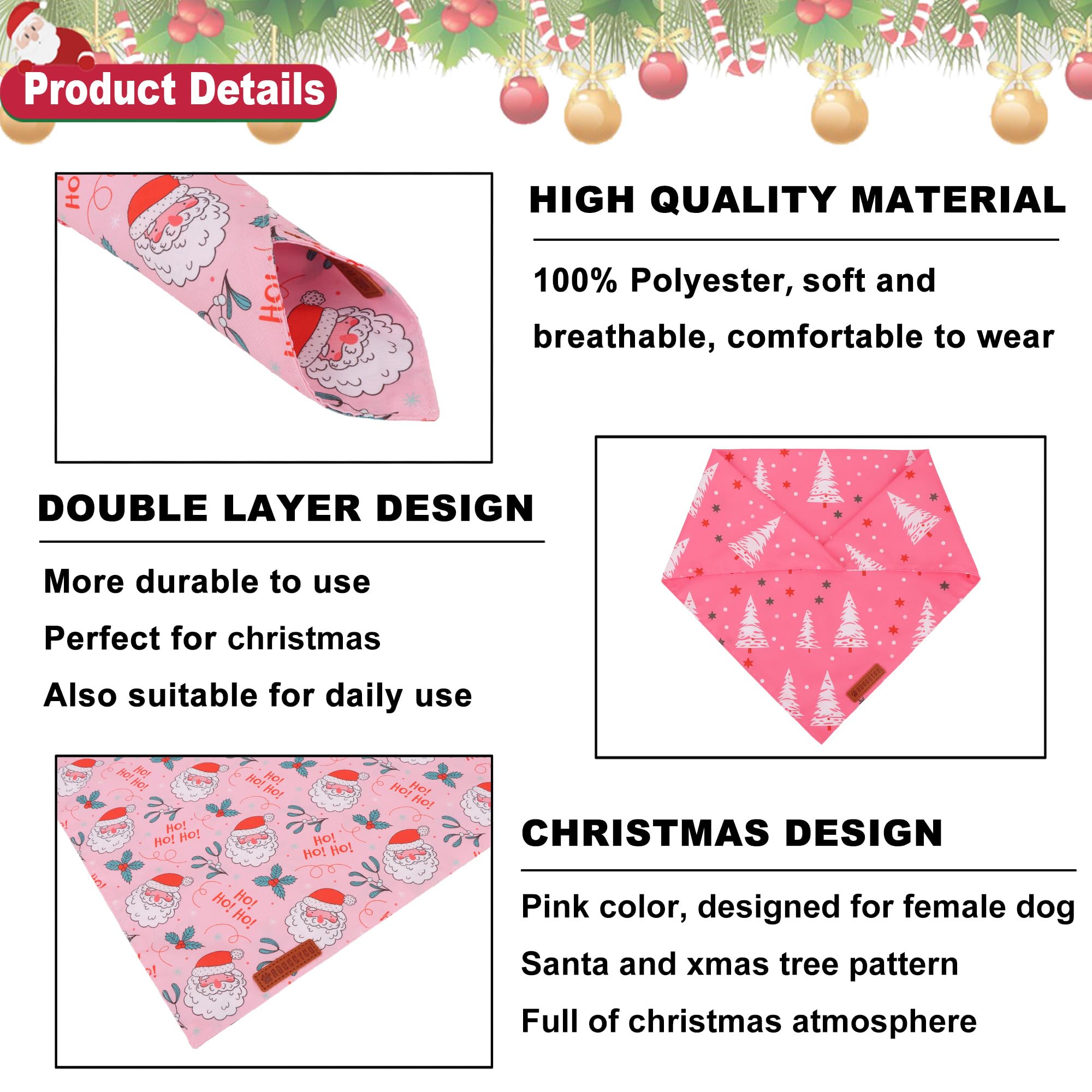 ADOGGYGO Pink Christmas Dog Bandana, Santa Xmas Tree Dog Scarf, Adjustable Fit Pink Pet Christmas Bandanas for Small Dogs Puppie