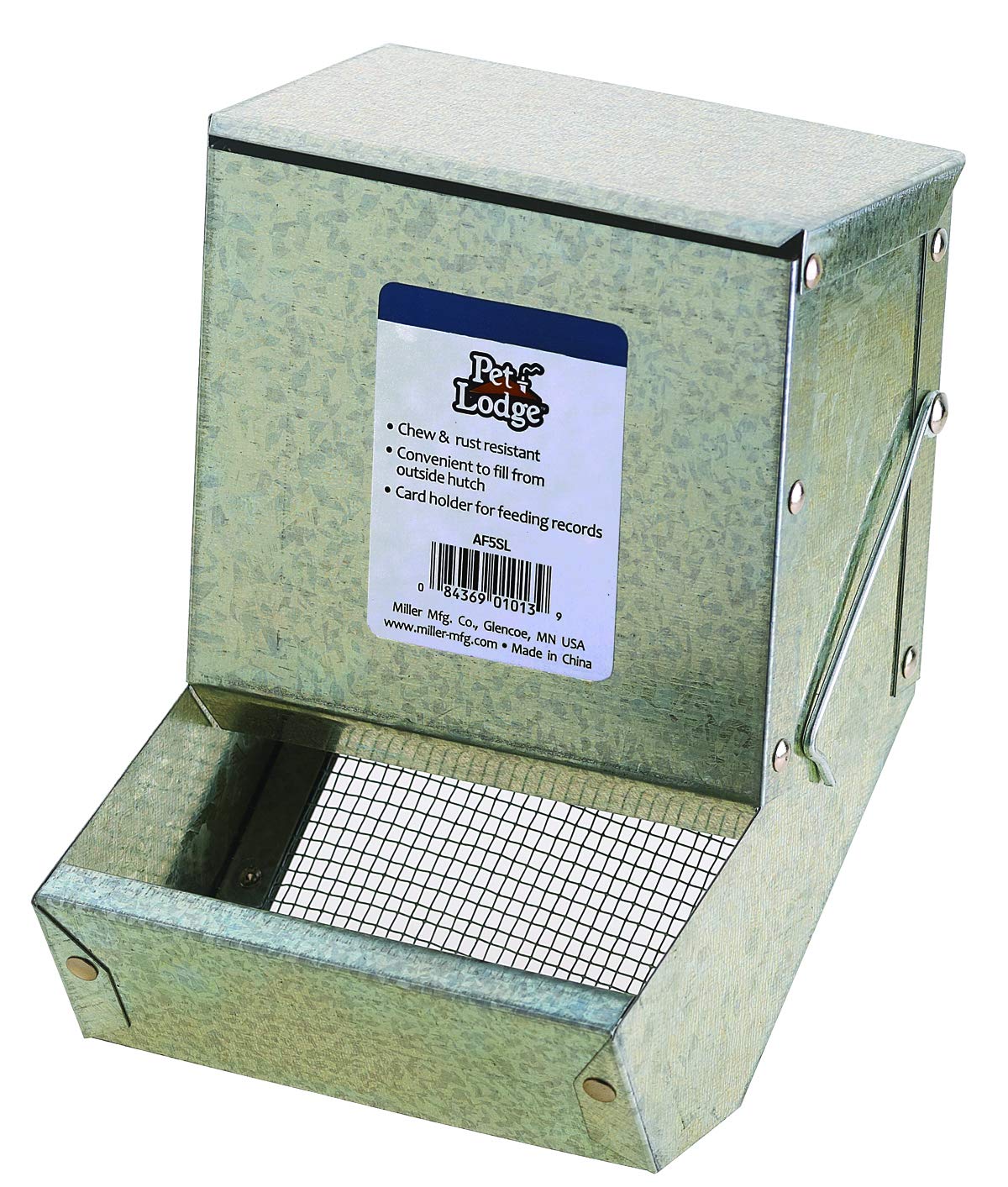 Pet Lodge Steel Small Animal Feeder with Lid and Sifter Bottom | Cage Rabbit Feeder | Holds Several Days Worth of Food | 5 Inch