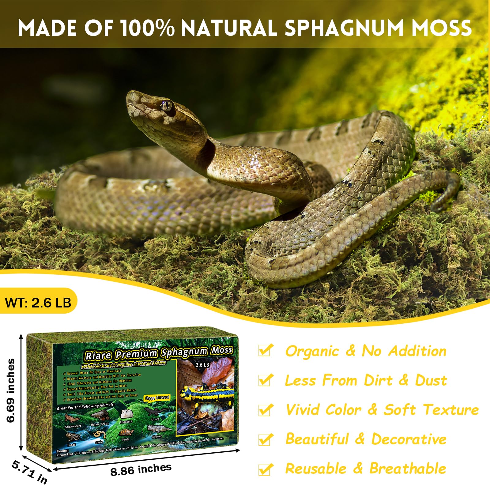 Riare 2.6LB Premium Sphagnum Moss for Reptiles- 100QT Natural Live Moss Reptile Moss Bedding for Terrarium, Hatching, Forest Sph