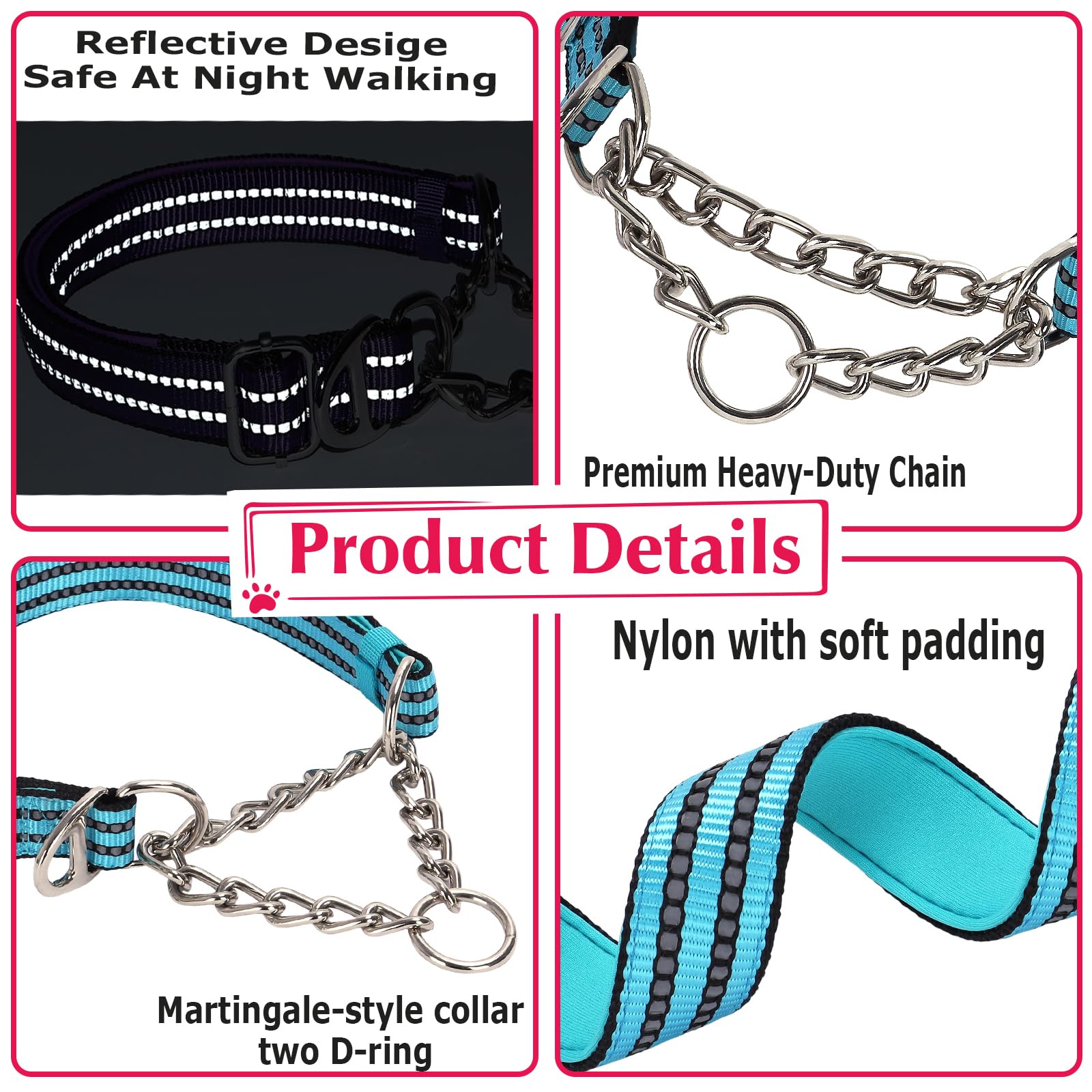 Reflective Martingale Collar For Dogs With Steel Chain, Adjustable No Pull Dog Training Collar With Soft Padded For Large Breed