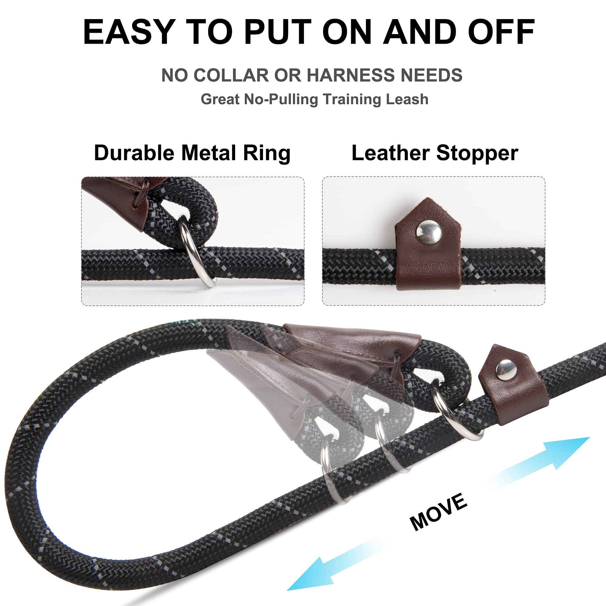 Fida Durable Slip Lead Dog Leash, 6 Ft X 1/2' Heavy Duty Comfortable Strong Rope Leash For Large, Medium Dogs, No Pull Pet Training Leash With Highly Reflective, Black