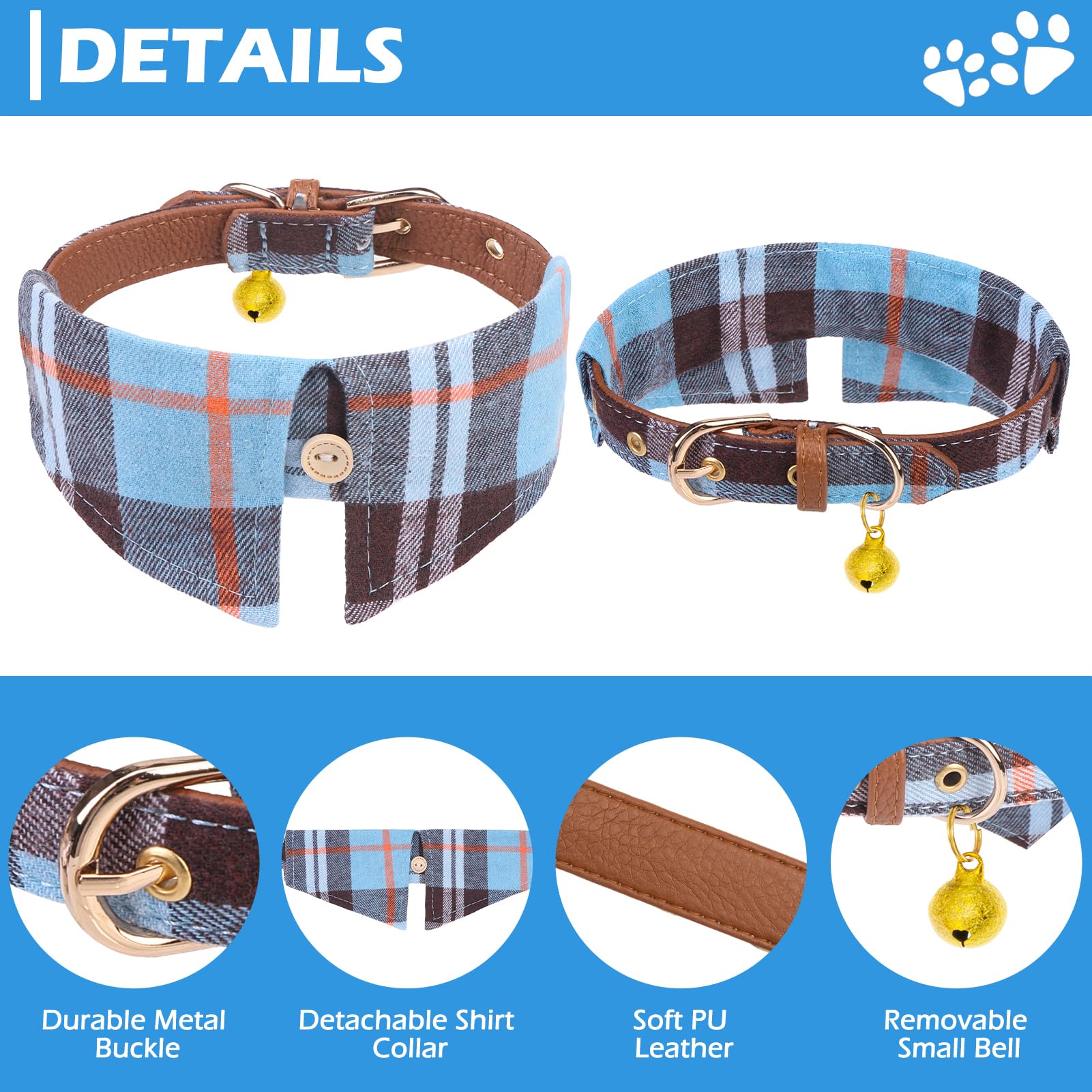 Expawlorer Puppy Collar And Leash Set - Plaid Dog Collar With Bell, Adjustable For Small Dogs Cats, Skyblue X-Small