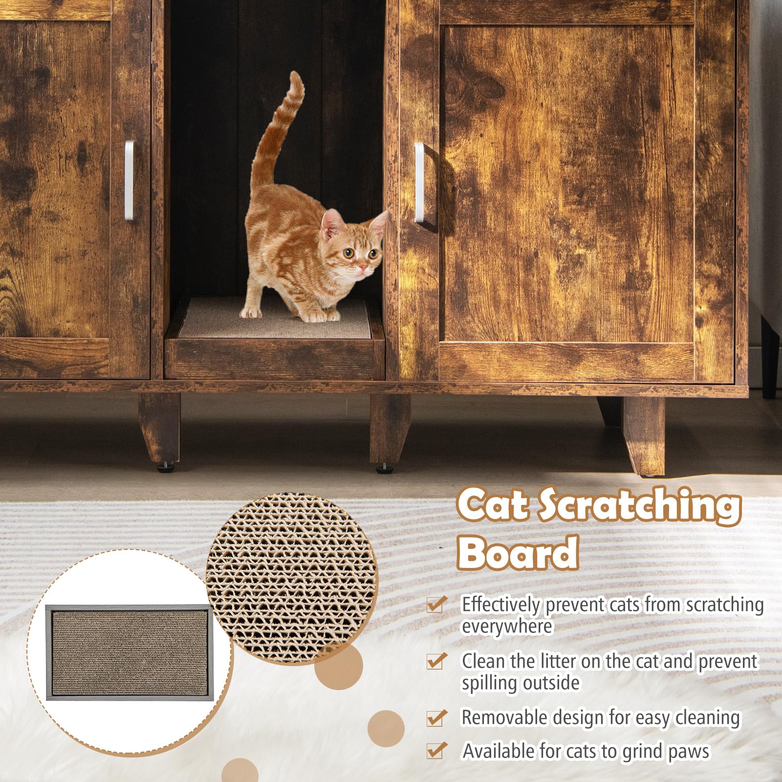 Petsite Litter Box Enclosure For 2 Litter Boxes, Hidden Cat Washroom Tv Stand End Table With 2 Cabinet, Scratching Board, Indoor Cat Litter Furniture (Rustic Brown)