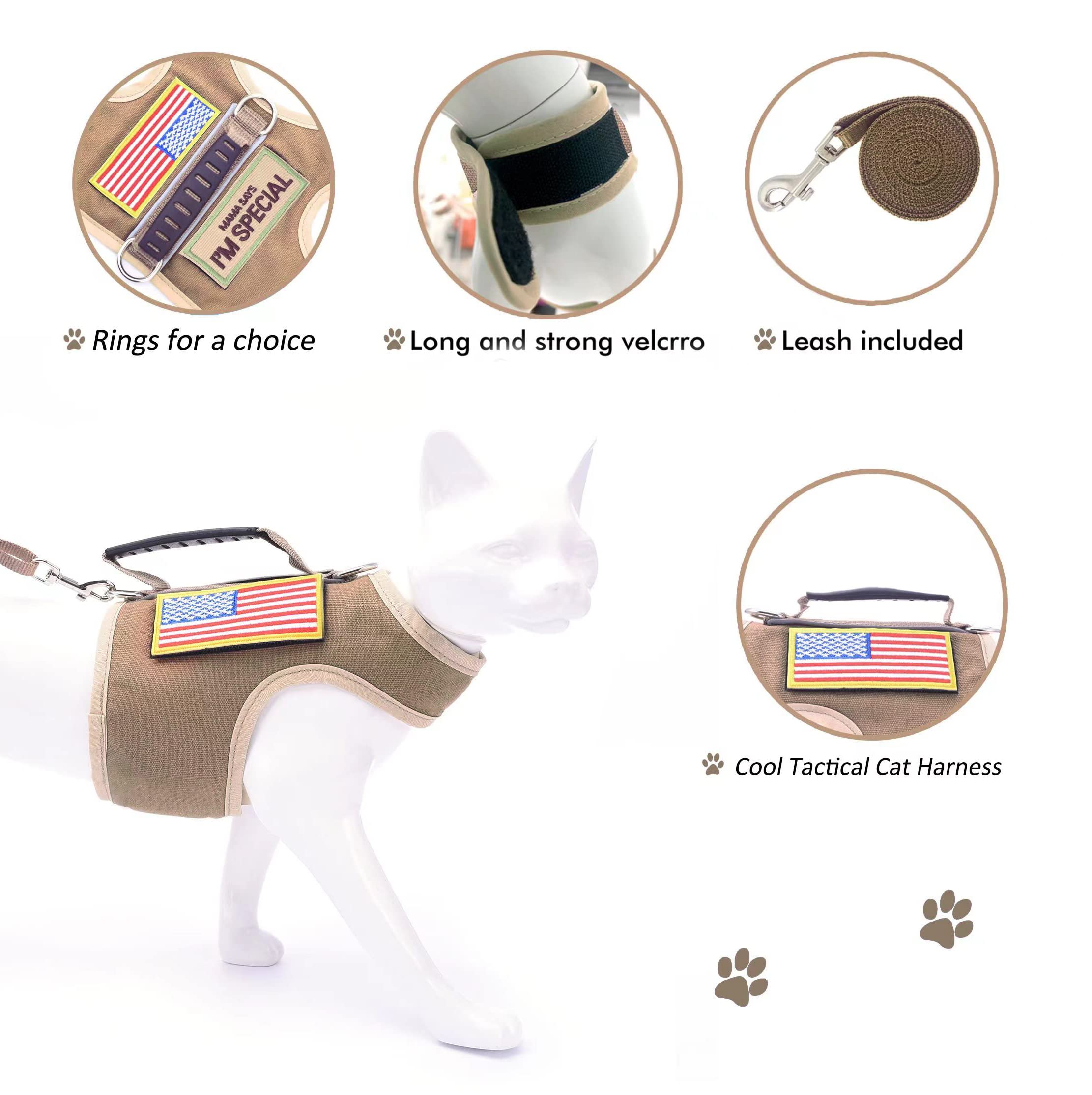 Tactical Cat Harness And Leash For Walking Escape Proof, Adjustable Cat Walking Jackets, Padded Stylish Cat Vest, Khaki, Large