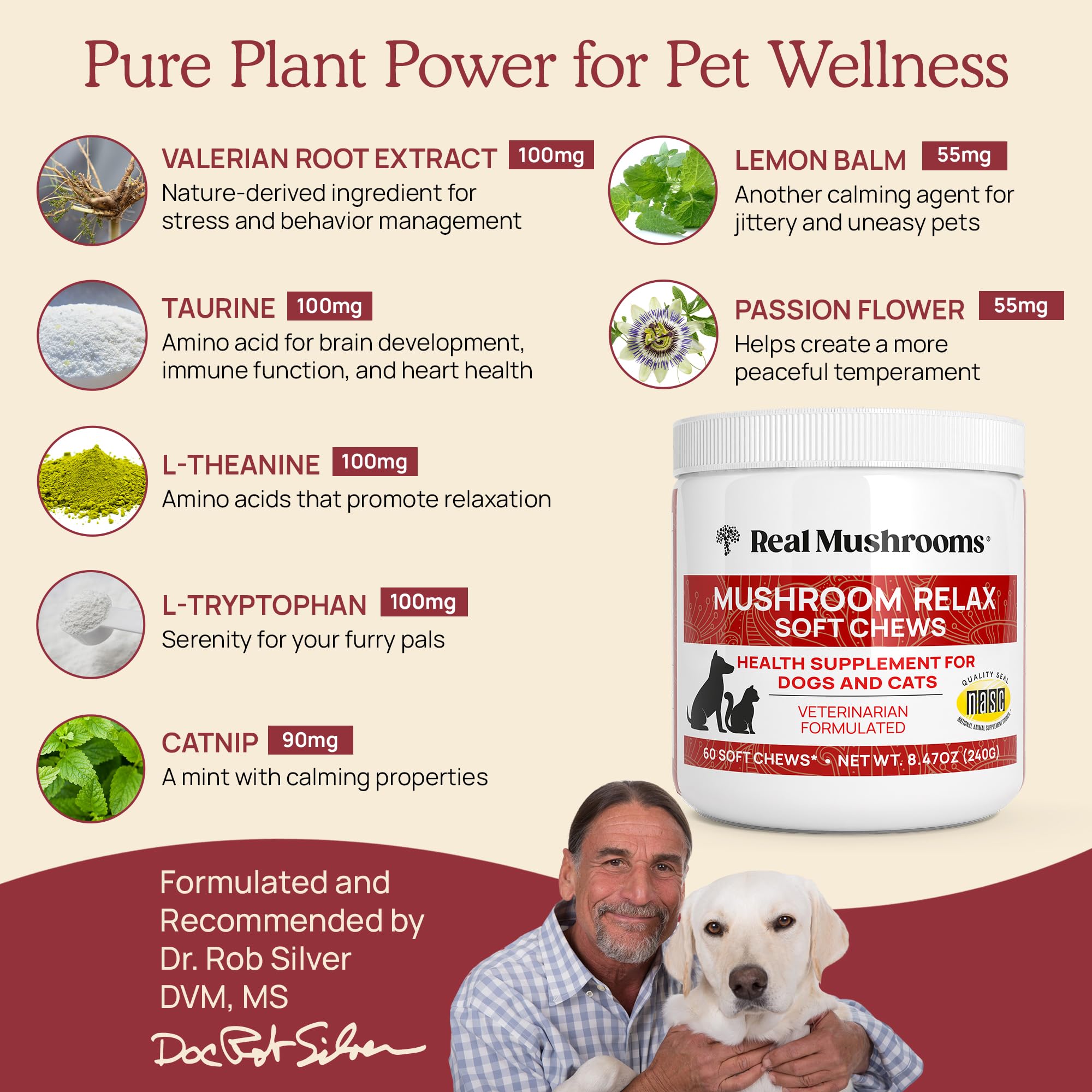 Real Mushrooms Calming Treats for Dogs & Cats - Reishi, Lions Mane, Botanicals - Cat & Dog Soft Chews for Daily Use - Calming Ch