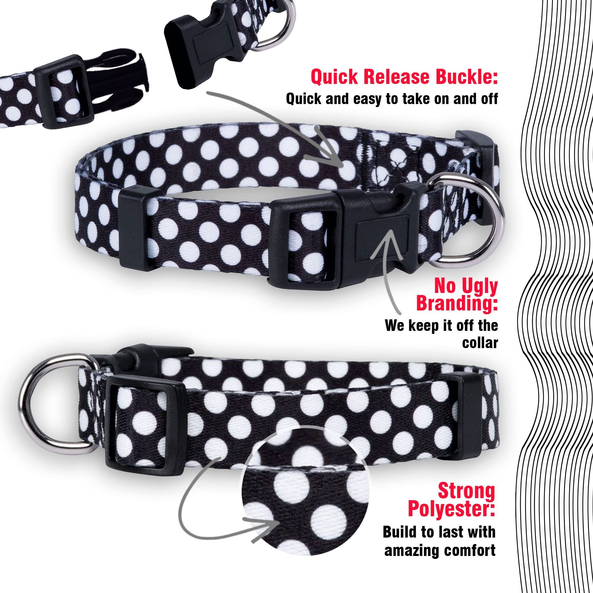 Native Pup Polka Dot Dog Collar, Adjustable For Small, Medium, Large Dogs, Cute Fabric For Boy, Girl (Black, Large)