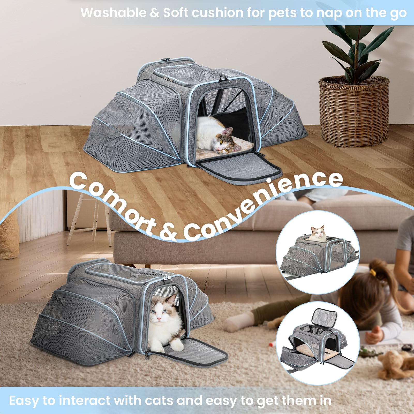 Petsfit Expandable Cat Carrier, Airline Approved, Soft-Sided, Washable, Light Grey, 16x10x9, Portable for Small Dogs, Kittens, and Rabbits