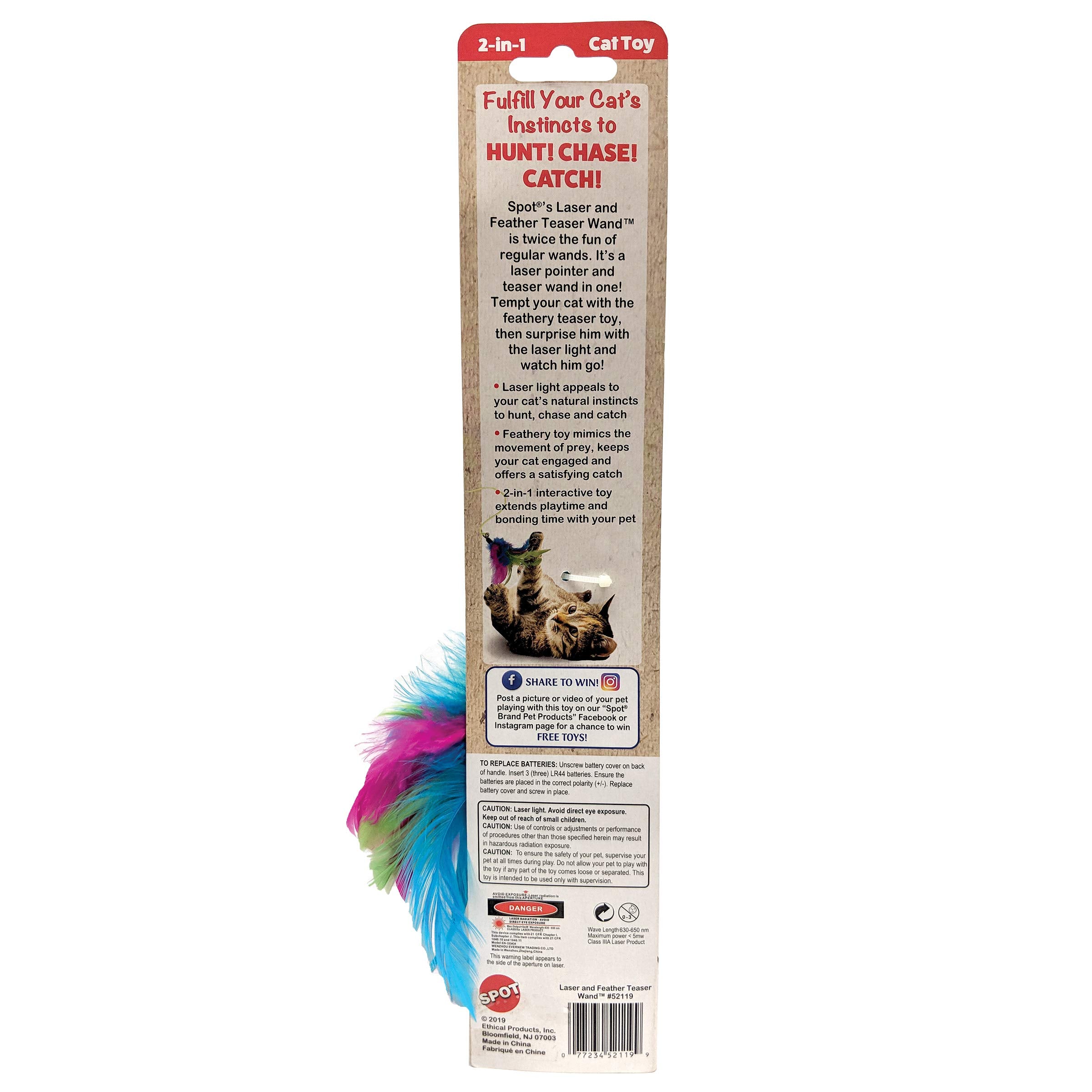 Spot Dolphin Laser Wand - 2-In-1 Feather Teaser And Laser Pointer Cat Toy, Brightly Colored Feather Teaser Wand And Button-Activated Laser Pointer For Twice The Fun, Batteries Included