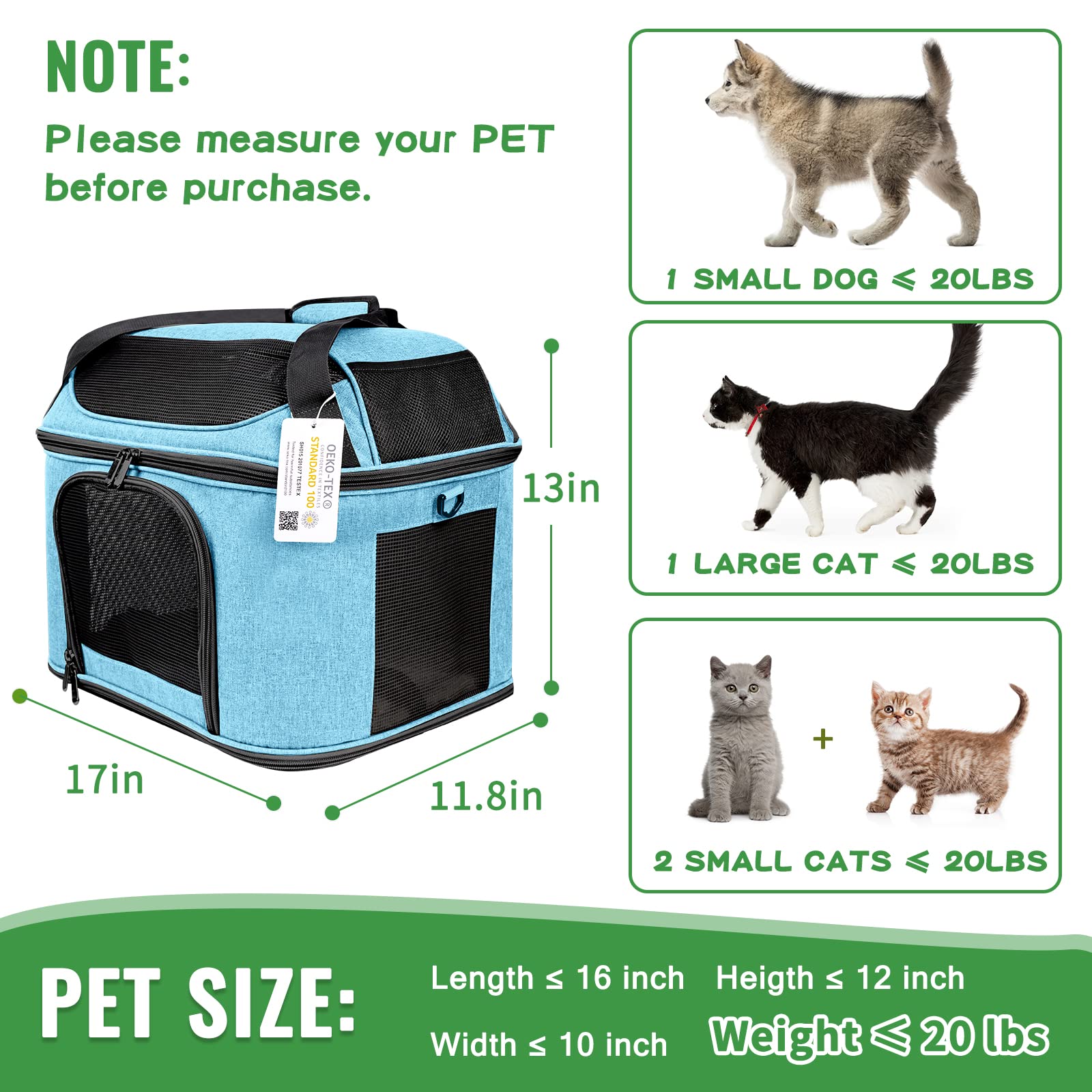 Bejibear Large Cat Carrier For 2 Cats, Oeko-Tex Certified Soft Side Pet Carrier For Cat, Small Dog, Collapsible Travel Small Dog Carrier, Tsa Airline Approved Cat Carrier For Large Cats 20 Lbs, Blue