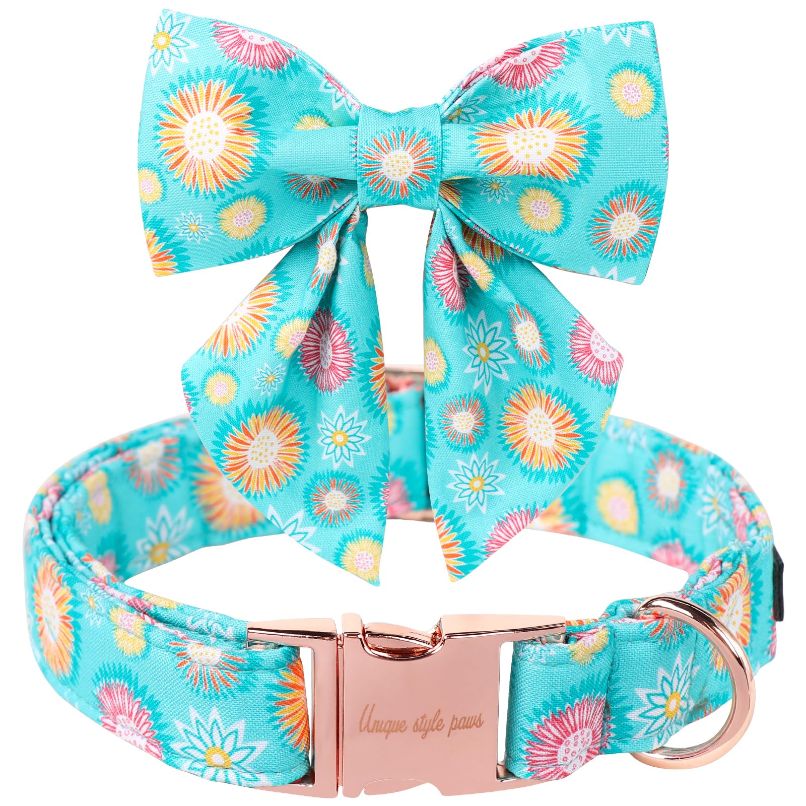 Unique Style Paws Blue Dog Collar With Bowtie, Cute Sunflower Dog Collars Adjustable Puppy Collar For Small,Medium,Large Dogs