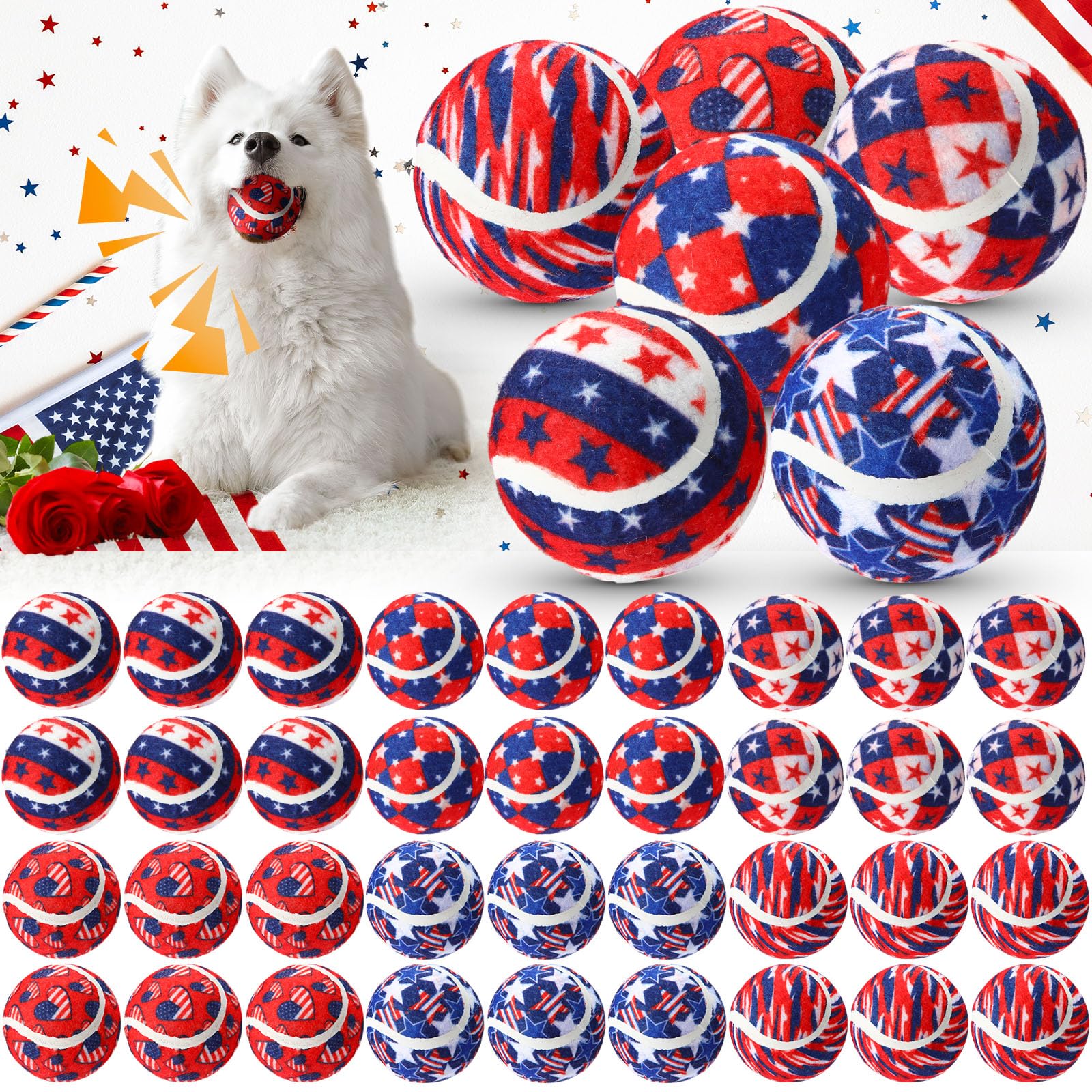 Suilung 36 Pcs Independence Day Dog Squeaky Tennis Balls 2.5 Inch Interactive Pet Toys Ball for Small Medium Large Dog Plush Che