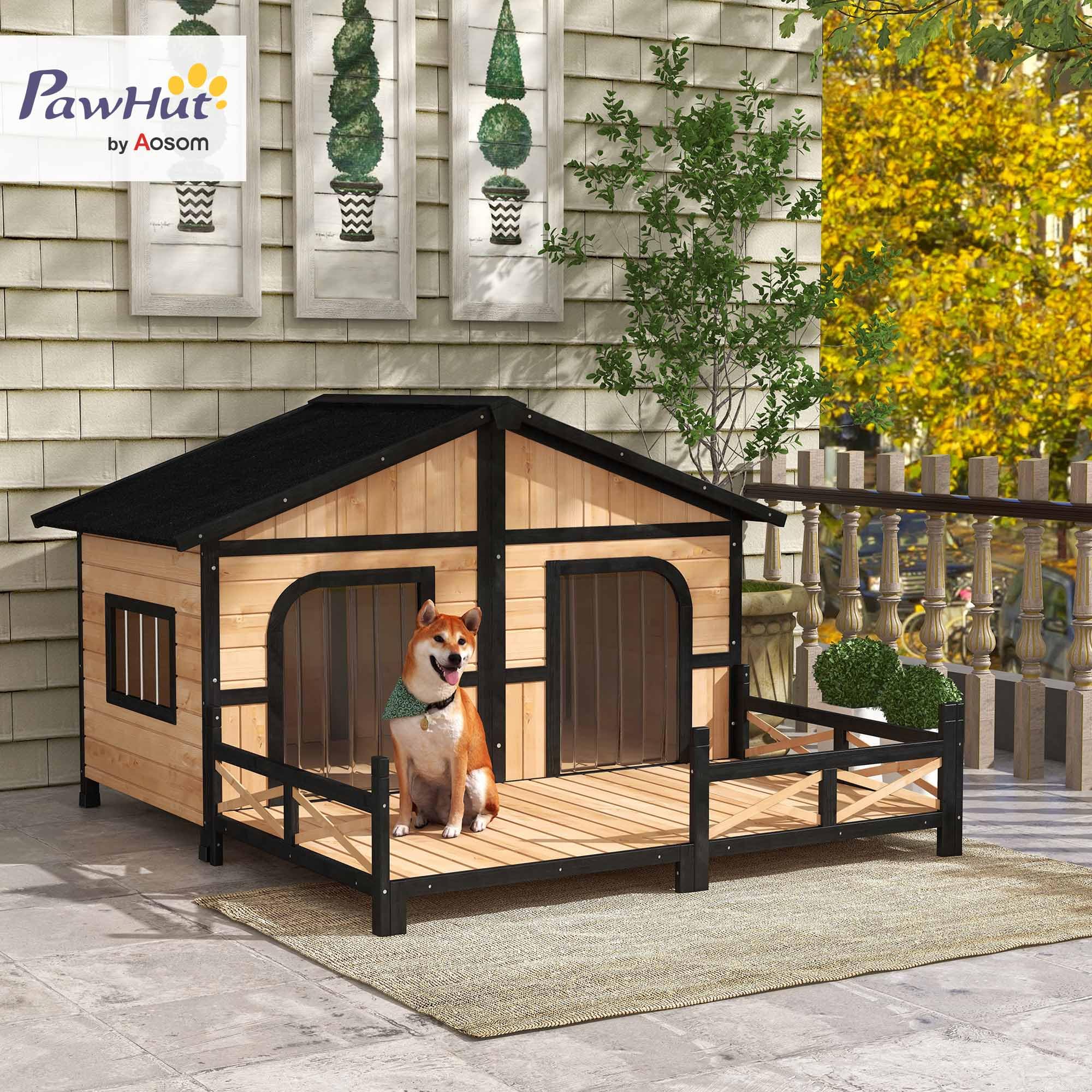 Pawhut Wooden Large Dog House Outdoor Double Xl Dog Kennel With Elevated Floor And Porch, Weatherproof Puppy Shelter For Small A