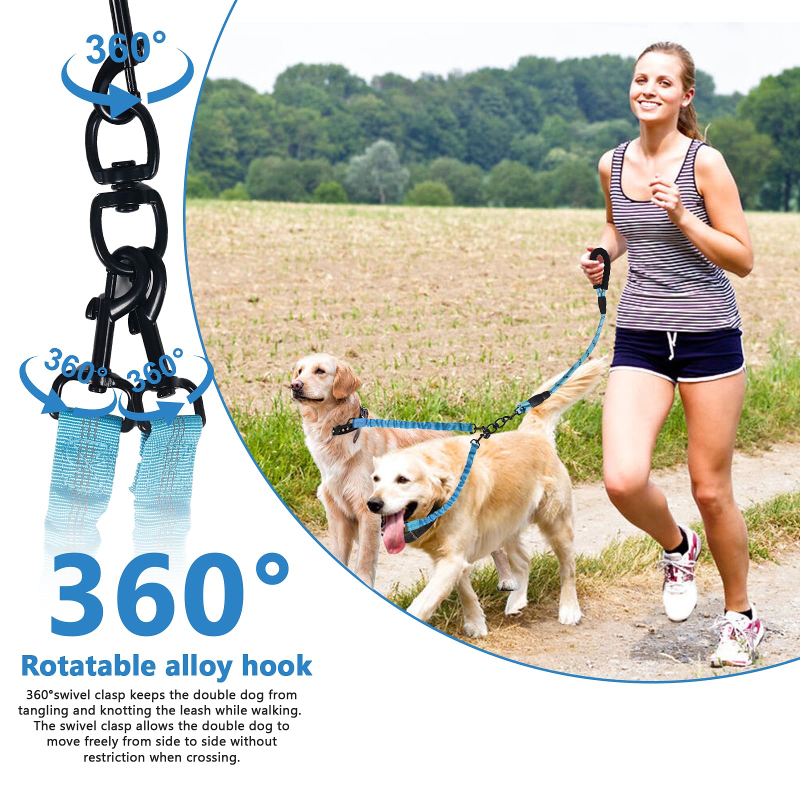 4 Way Dog Leash,No Tangle For Four Dogs, 3 In 1 Dog Leash With 360 Swivel, Shock Absorbing, Reflective Threads Comfort Foam Hand