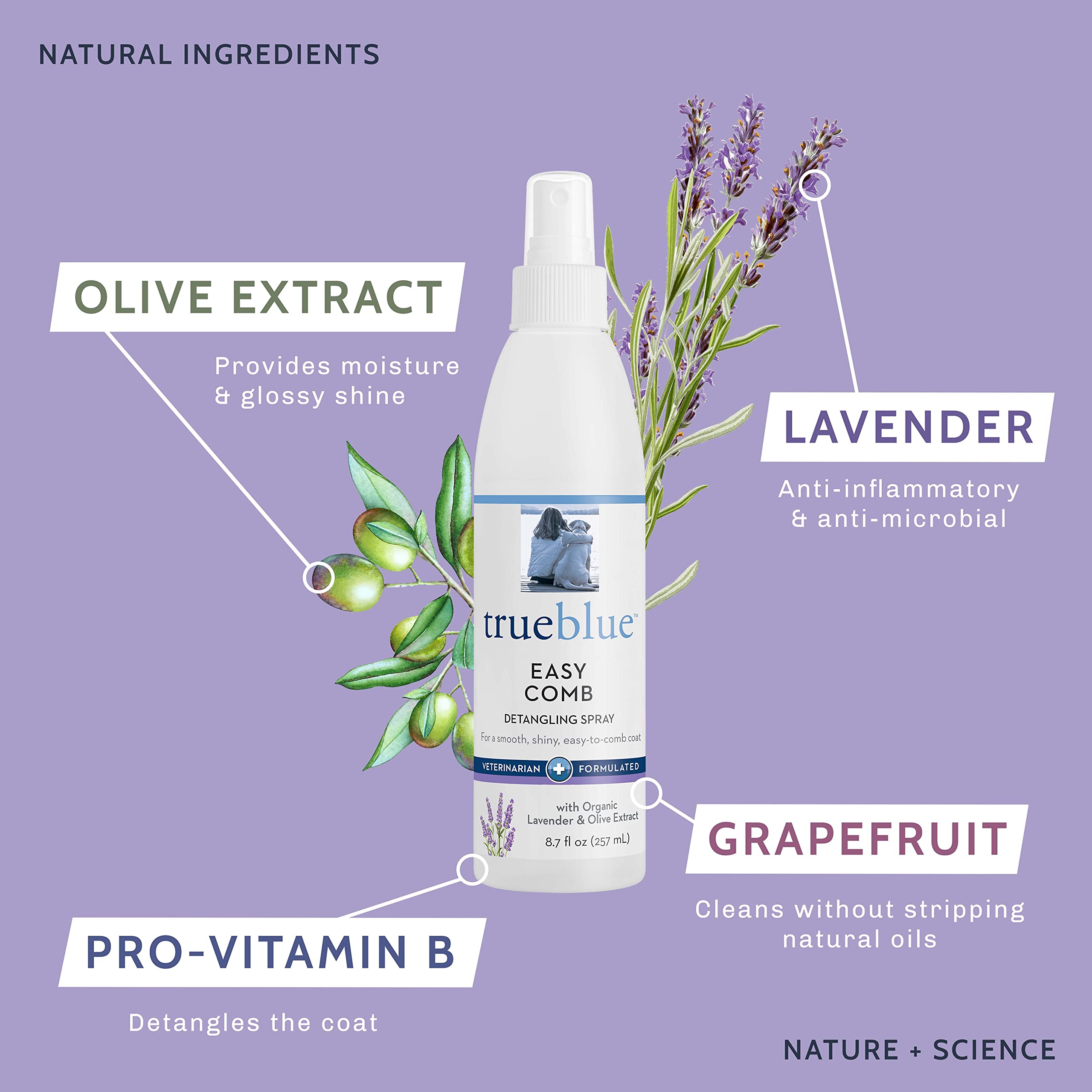 Trueblue Lavender & Olive Extract Easy Comb Dog Hair Detangling Spray – Detangles, Conditions Coats For Dogs, Puppies, Cats – Moisturizing, Toxin Free, Natural Botanical Blend – 8.7 Fl. Oz.