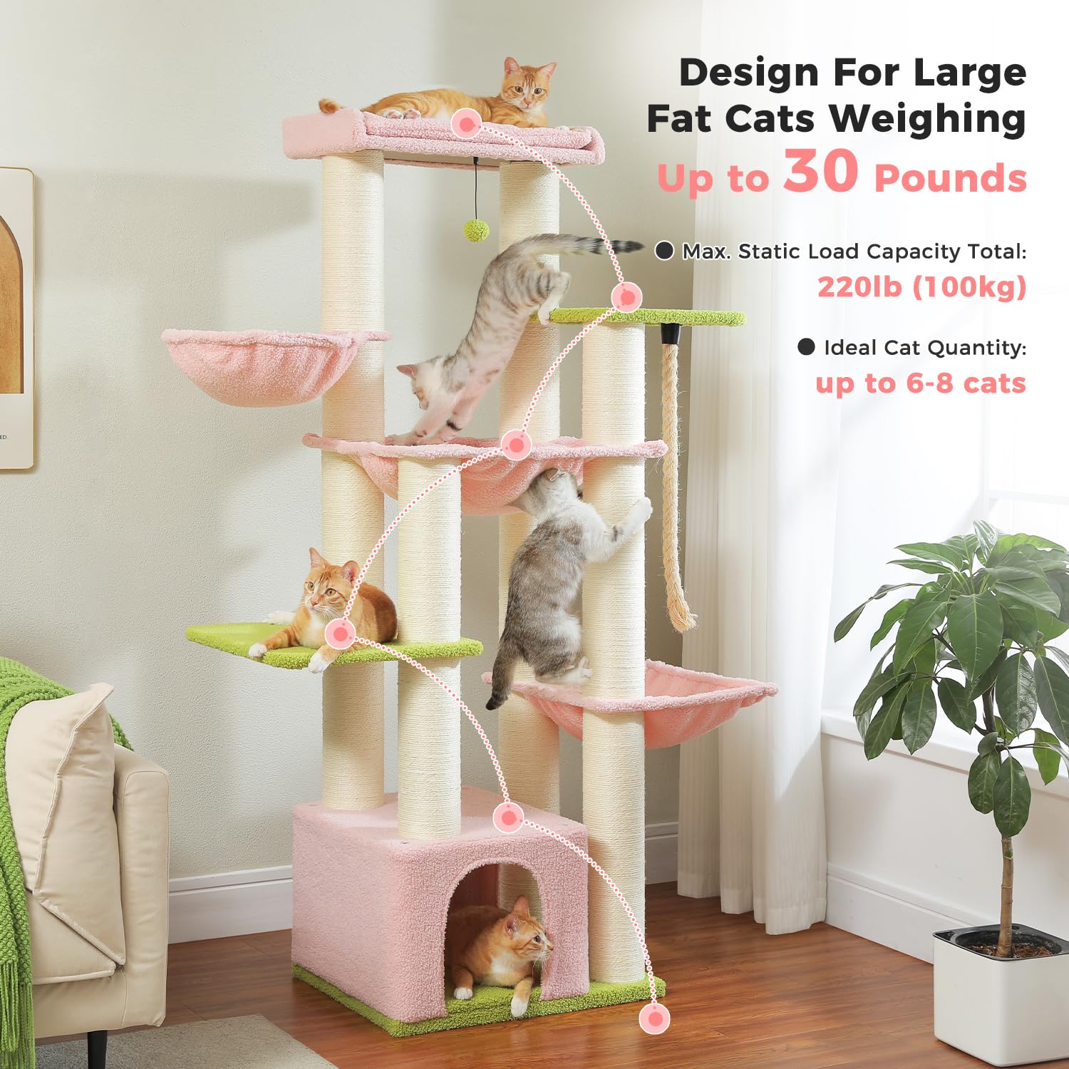 Muttros Pink Cat Tree For Large Cats 20 Lbs, 67-Inch Tall Heavy Duty Cat Tower With 13 Thick Sisal Scratching Posts (F4.3), Main
