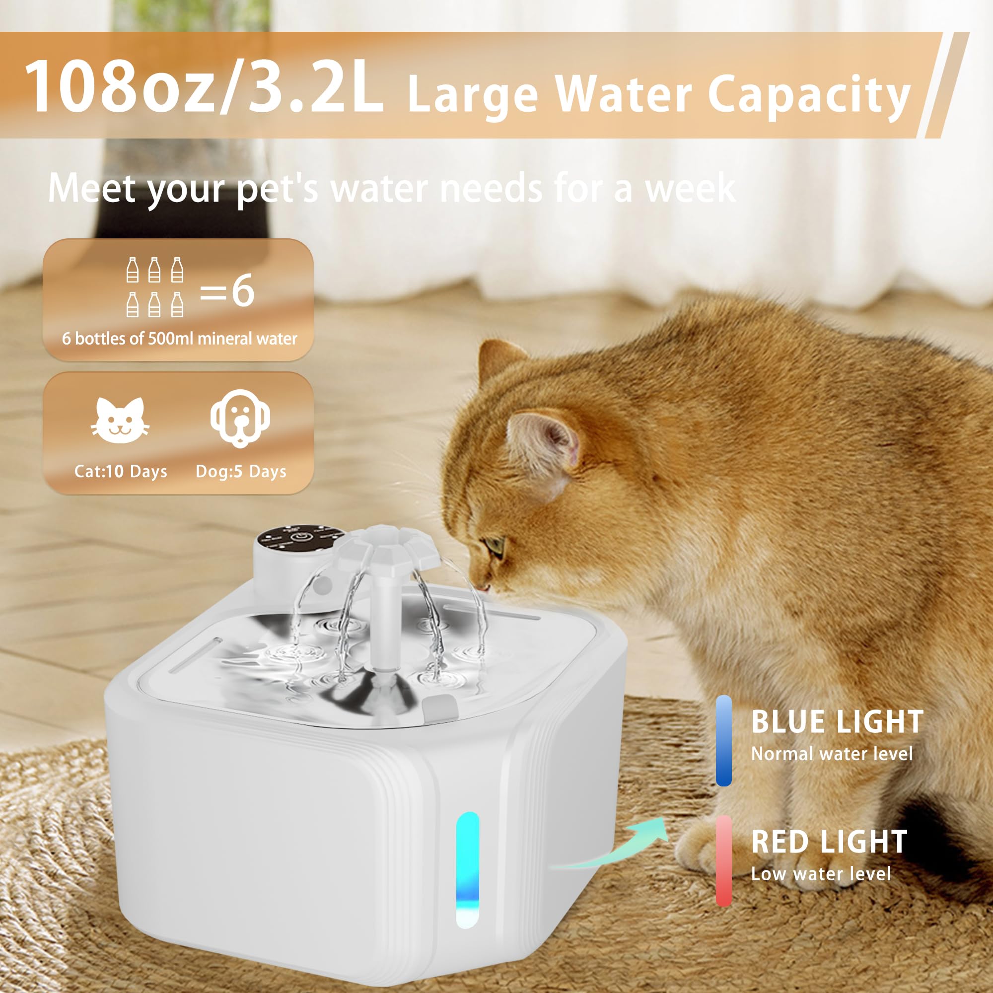 Cat Water Fountain With 4 Pack Replacement Filters 108Oz/3.2L Pet Water Fountain Battery Operated With Stainless Steel Tray Auto
