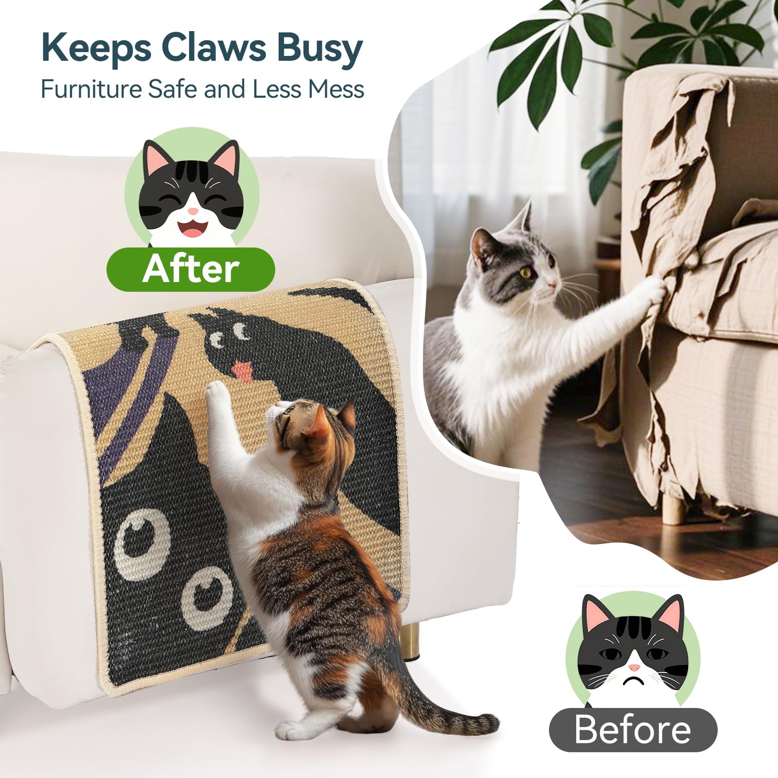 3-In-1 Sisal Cat Scratcher Mat 23.6X15.7'' Protects Carpet Couch & Furniture With Adhesive Tape, Floor & Wall Cat Scratching Pad