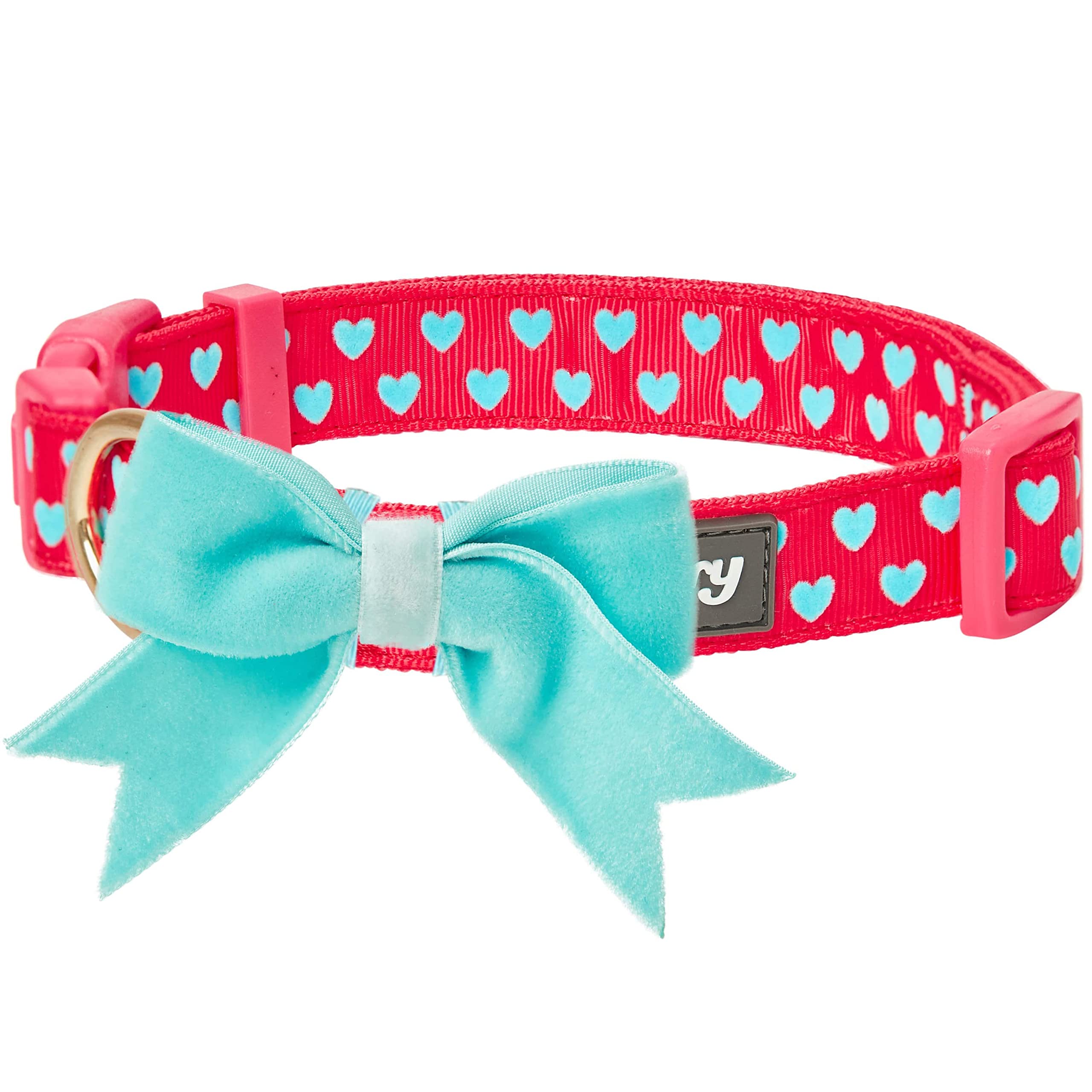 Blueberry Pet Dog Collar with Bowtie, Neck 14.5-20'' Adjustable for Medium Dogs, Lust Red Heart Design, Valentines Day Girl Dog 