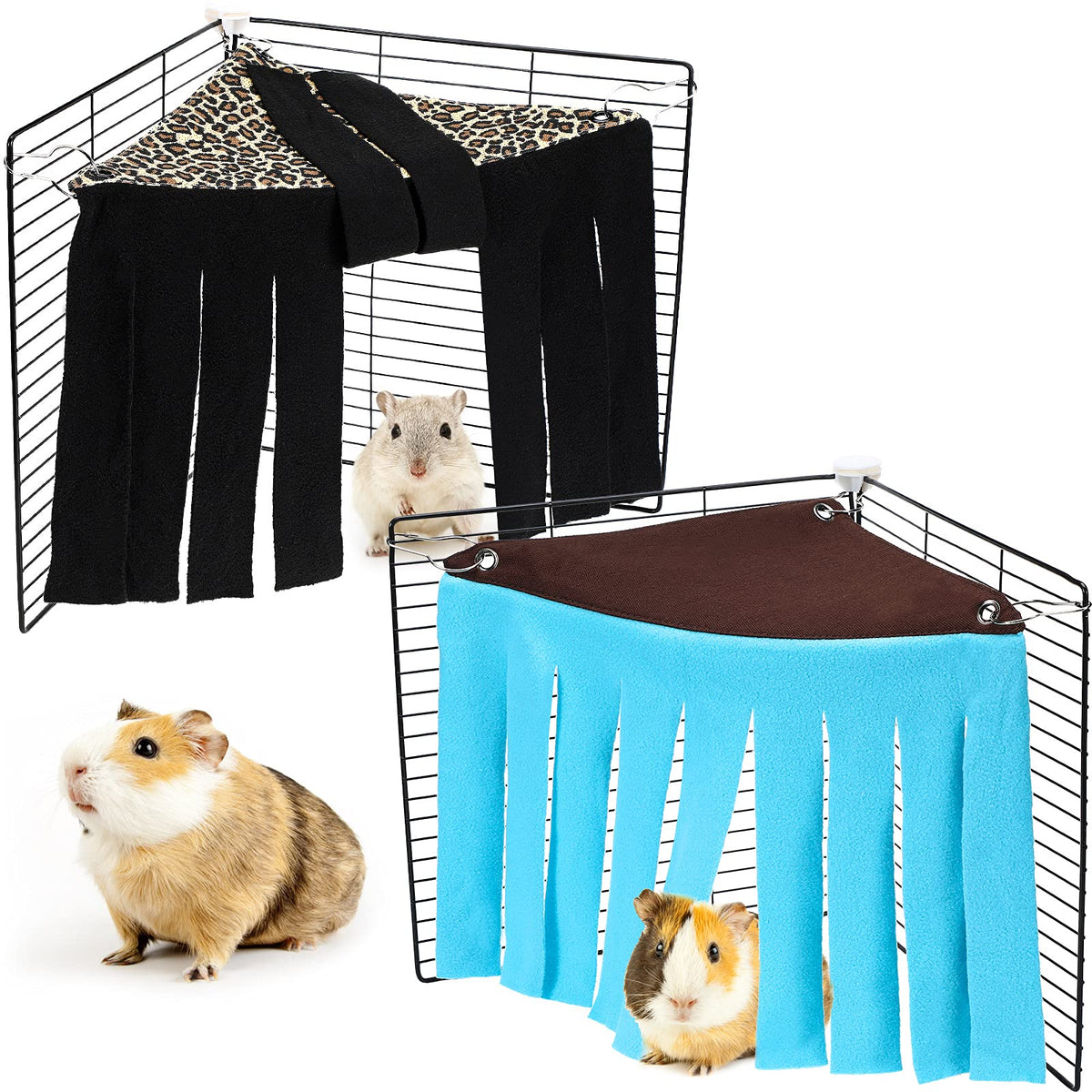 2 Pieces Guinea Pig Hideout Small Animal Corner Fleece Hideaway Cute Ferret Hammock And Sleeping Bed For Ferrets Chinchillas Small Pets (Brown With Blue, Black With Orange-Brown, Leopard)