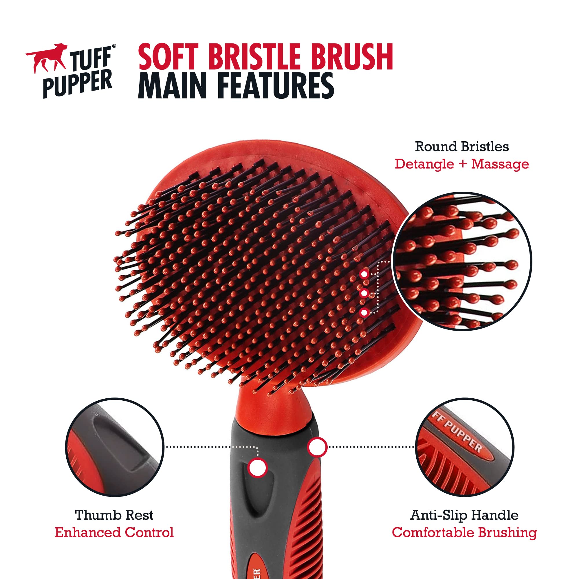 Tuff Pupper Round Bristle Soft Brush For Dogs And Cats | Gentle Grooming For Short Or Long Hair | Soft Pin Tool For Sensitive Skin | Detangle & Remove Loose Fur | For Dematting & Detangling Undercoat