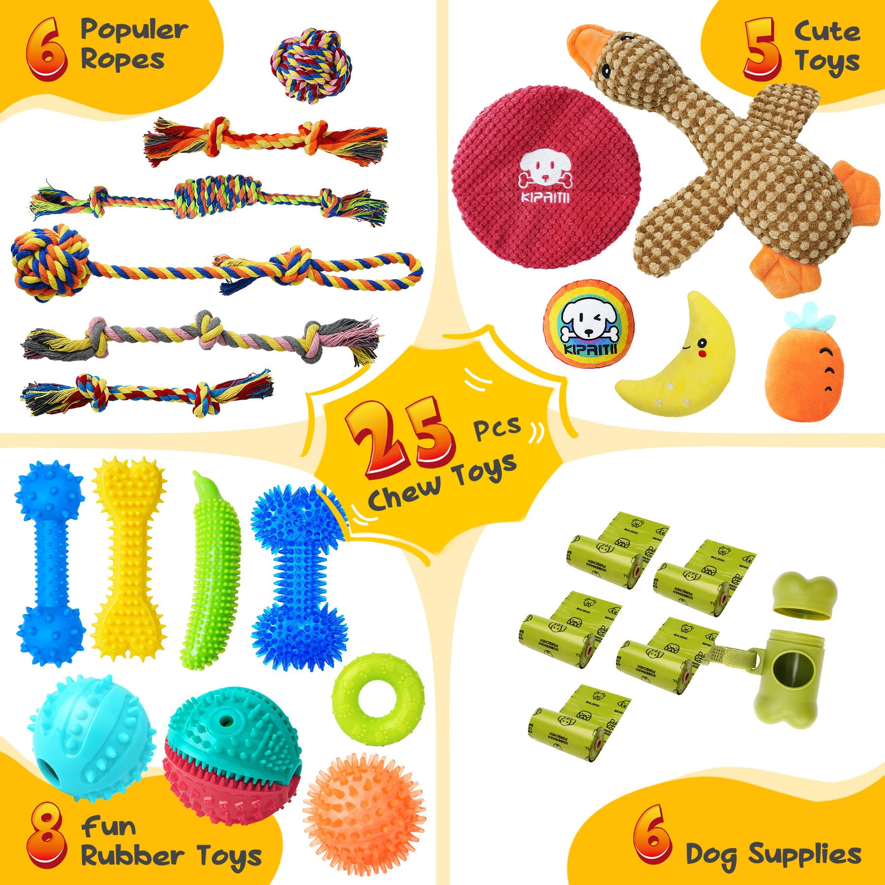 Kipritii Puppy Teething Chew Toys -25 Pack Charming Puppy Toys Dog Chew Toys With Rope Toys, Dog Treat Balls & Dog Squeaky Toy For Puppy And Small Dogs